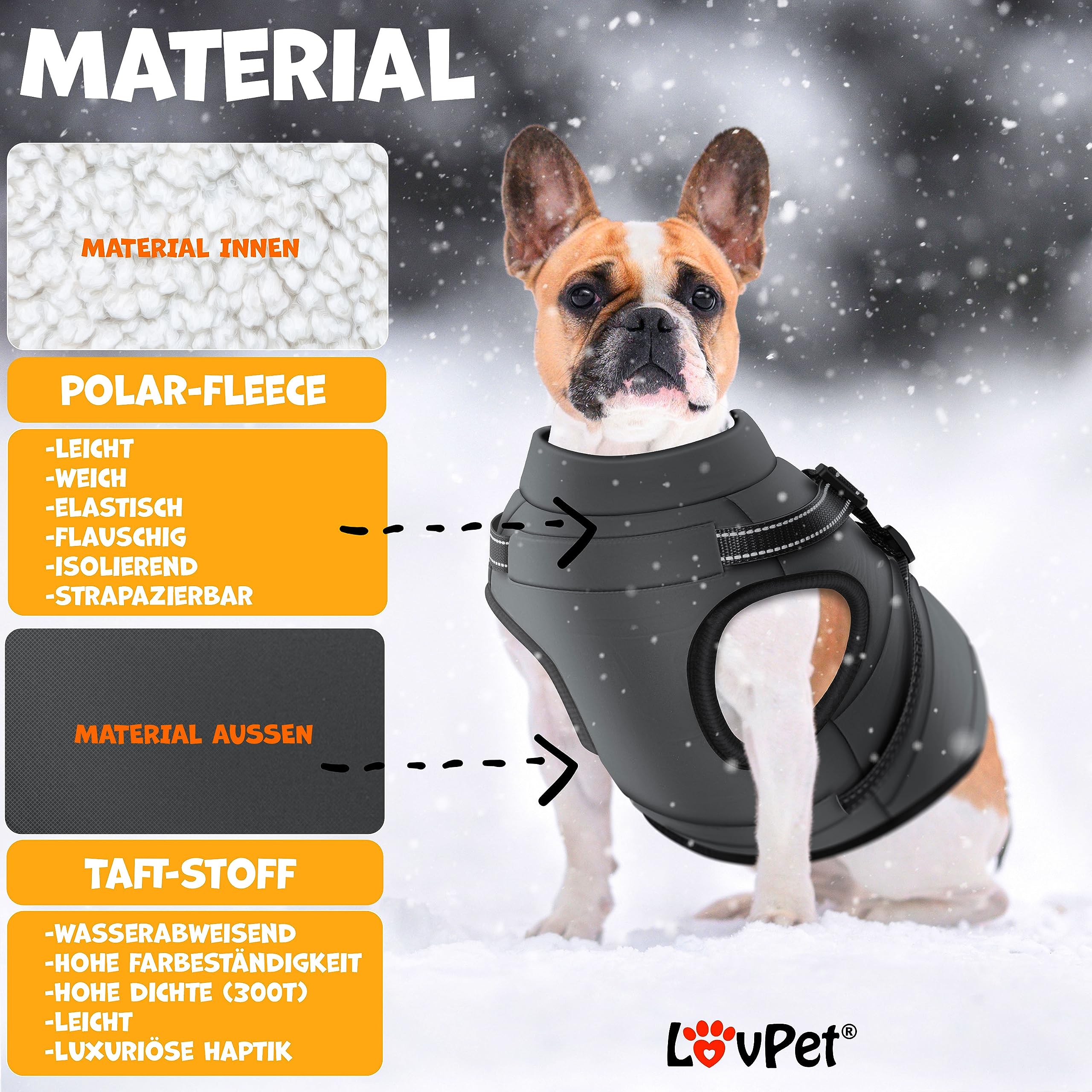 LOVPET® Hundejacke Hundemantel mit Geschirr, inkl. 45 Stück Kotbeutel + Spender, Hunde Winterweste gefüttert wasserdicht, Gepolsterte Weste Mit Brustgurt, Reflektoren, D-Ring 5XL, Anthrazit