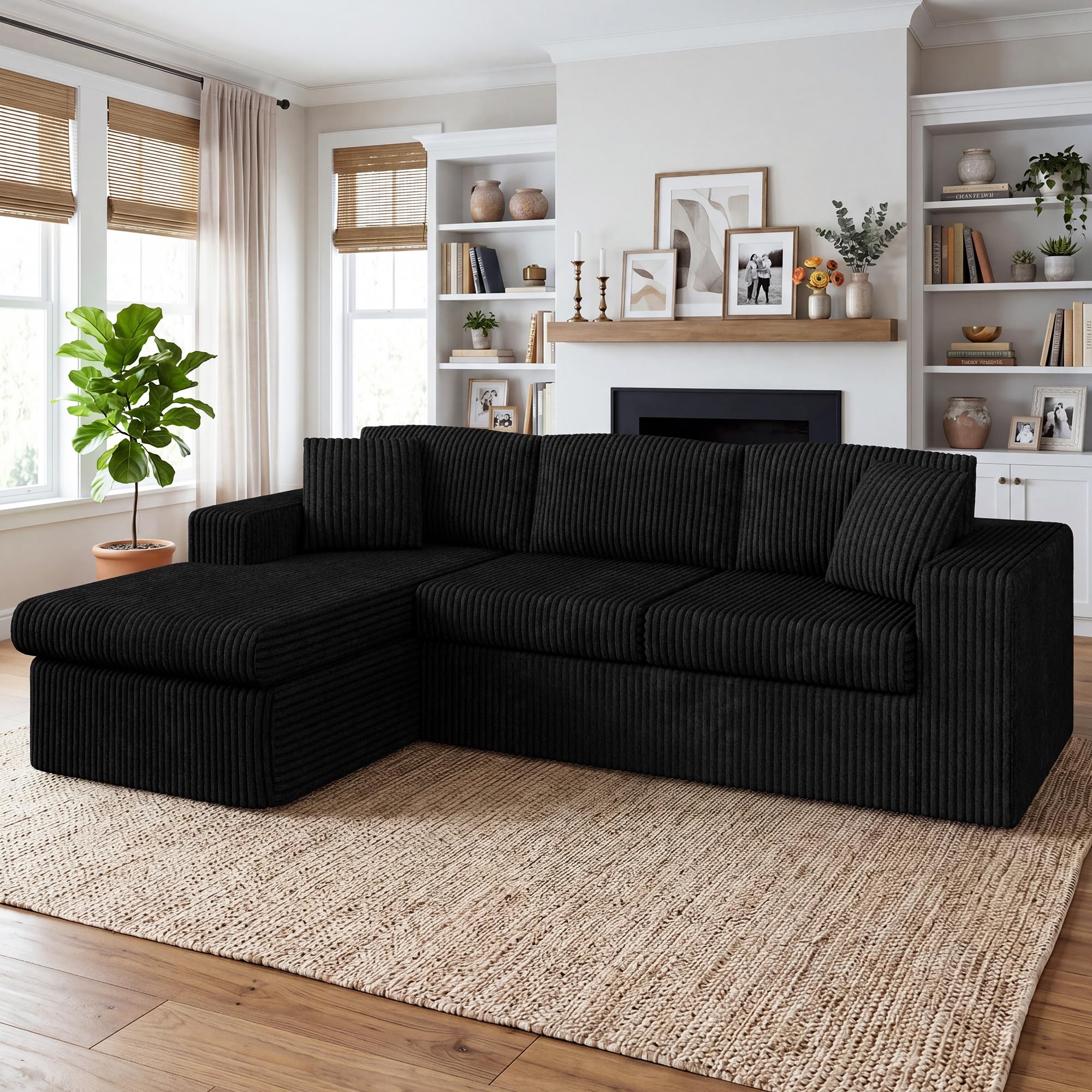Shintenchi 103" Boneless Couch, L Shaped Modular Sectional Sofa with Deep Seat, Cloud Foam Couch with Oversized Chaise Lounge, No Assembly Required Plush Corduroy Living Room Furniture, Black