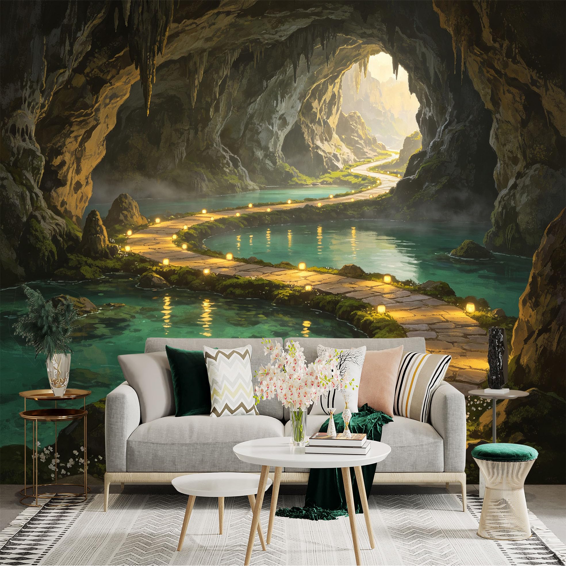 Custom Size Wall Sticker Mural， Mysterious Limestone Cave， Glowing Stone Pathway， Tranquil Underground Lake， Serene Nature Scenery， for wall Decoration， peelandstick wall Decals.