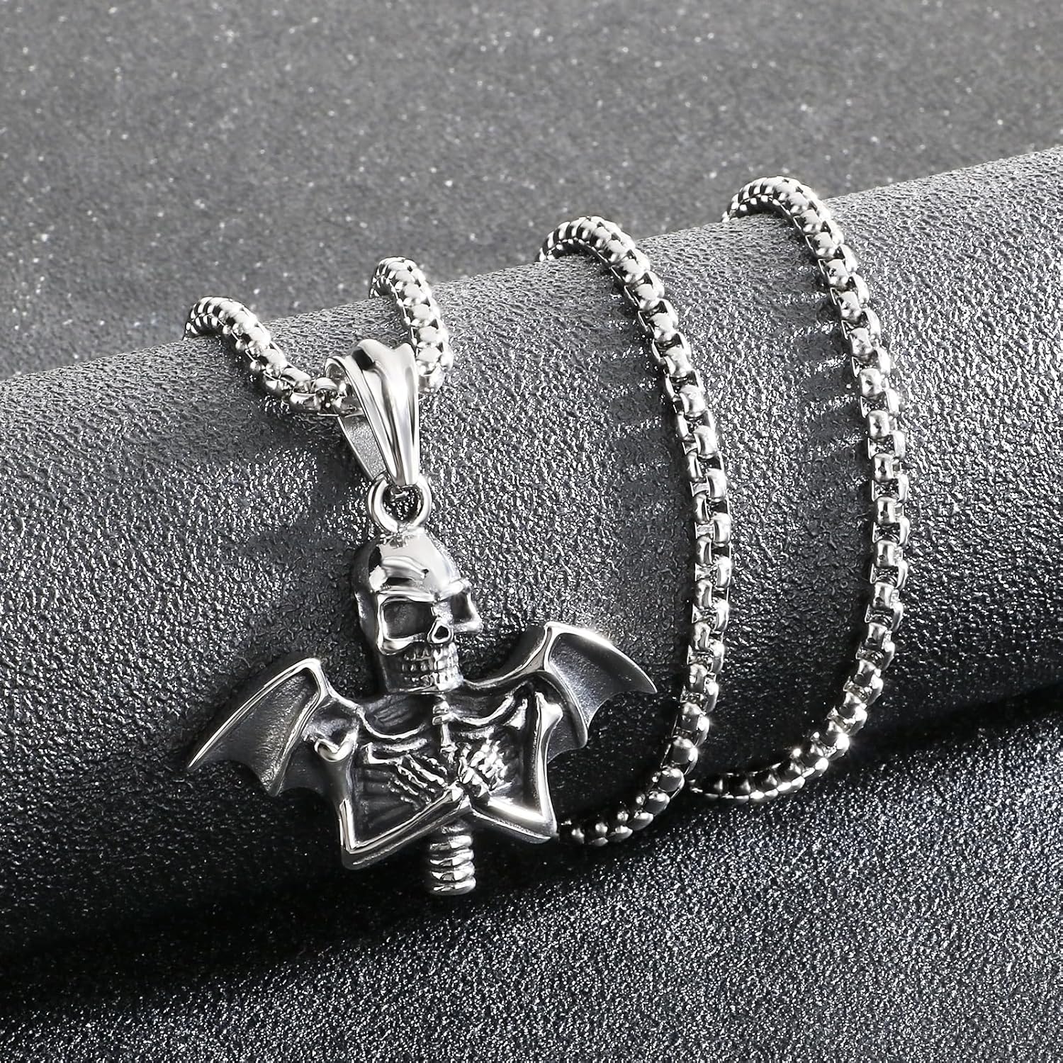 Men's Stainless Steel Skull Bat Wing Pendant Necklace, Punk Gothic Skeleton Necklace with Rope Chain, Rock Biker Jewelry Gift for Men - Image 3