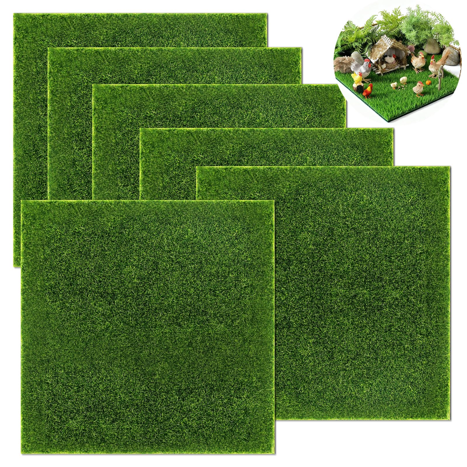 SPATUAMZ 6 packs Fake Grass Sheets Static 15cm x 15cm Artificial Grass For Halloween Decor, Farm Set Or Fairy Garden Accessories