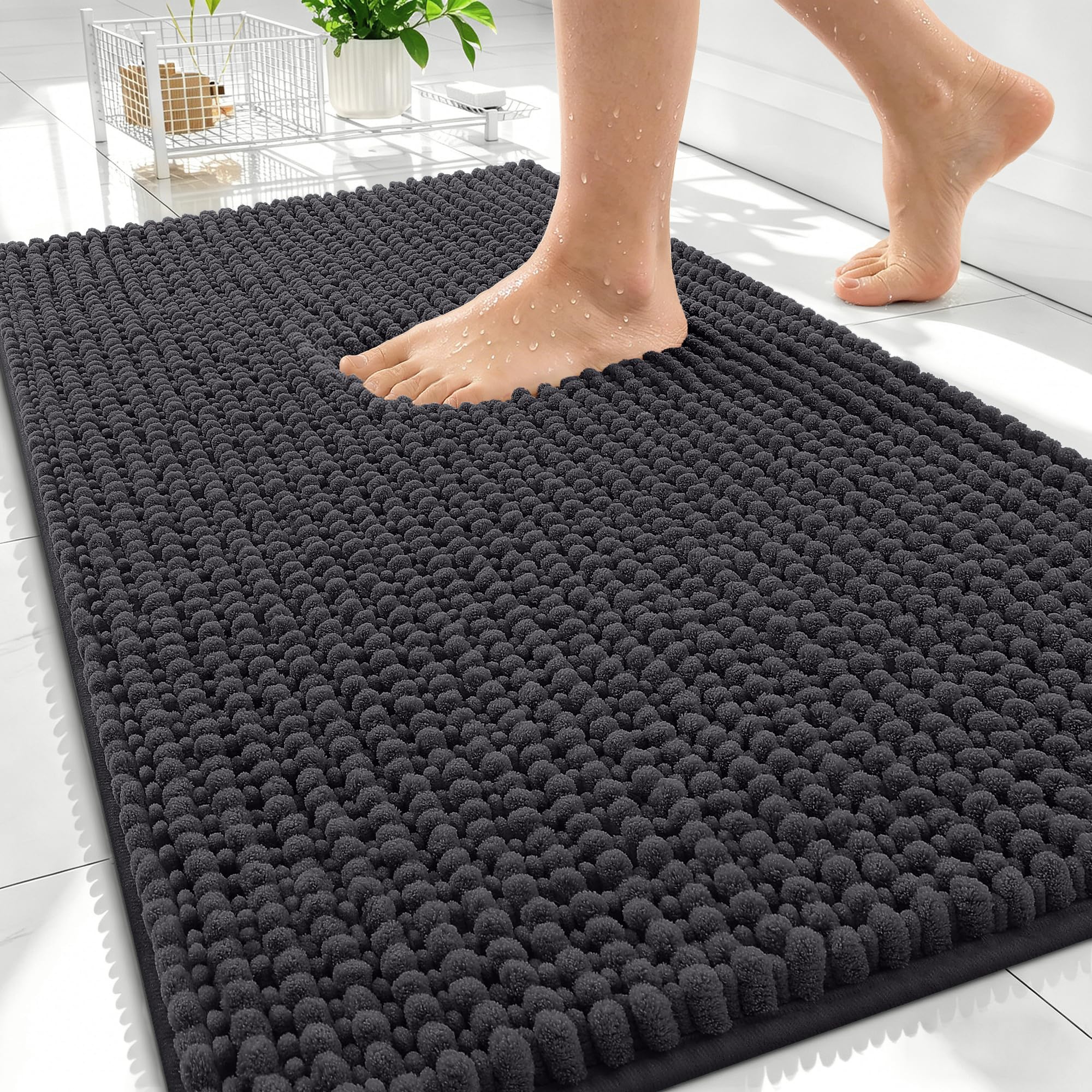 OLANLY Thick Chenille Absorbent Bathroom Rugs Mat 34x21, Dark Grey
