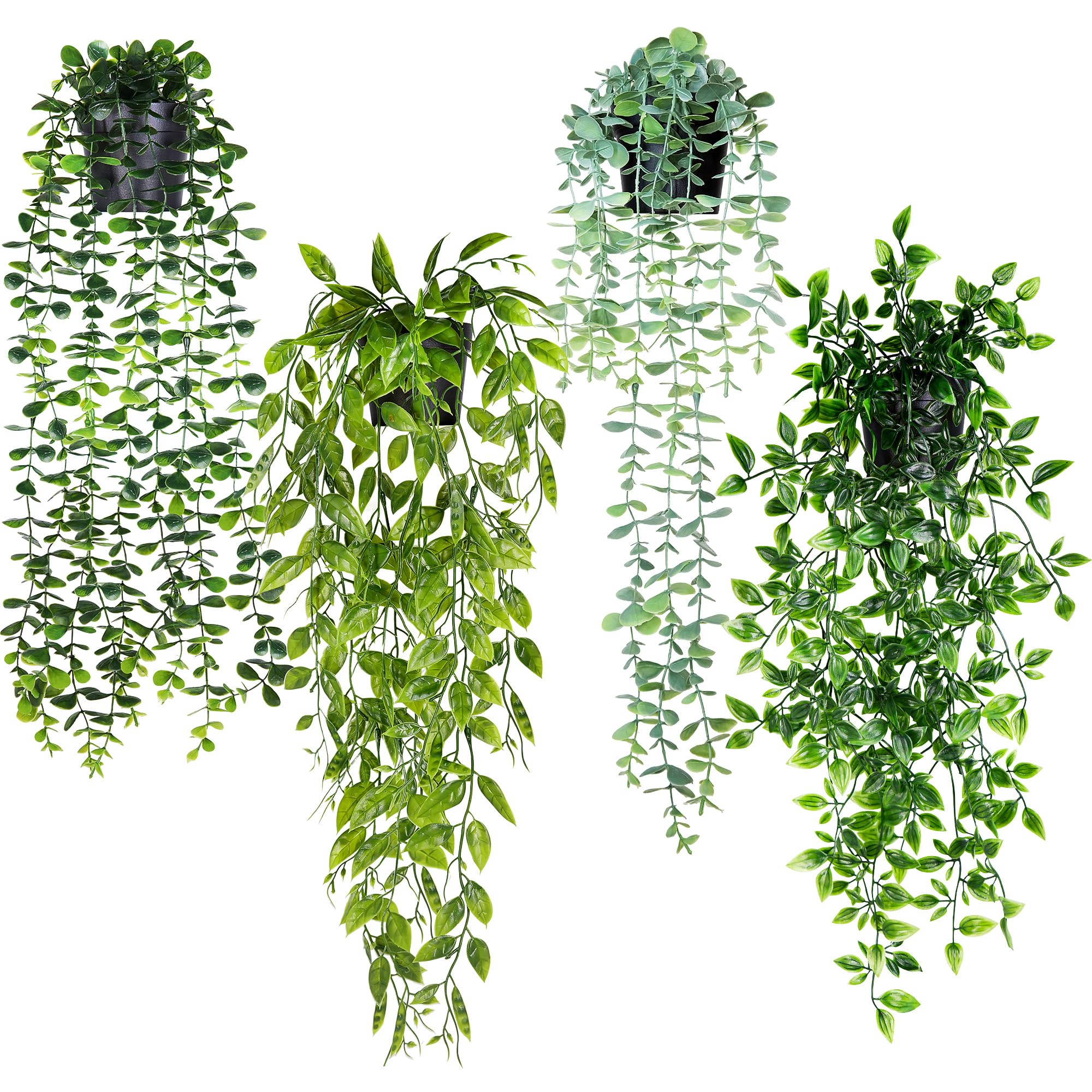 ADORAMOUR Artificial Hanging Plants with Pots, Set of 4 Fake Trailing Plants, Faux Eucalyptus, Peapod, Green Eucalyptus and Mandala Vine for Indoor, Outdoor, Room, Wall Shelf, Bathroom, Home Decor