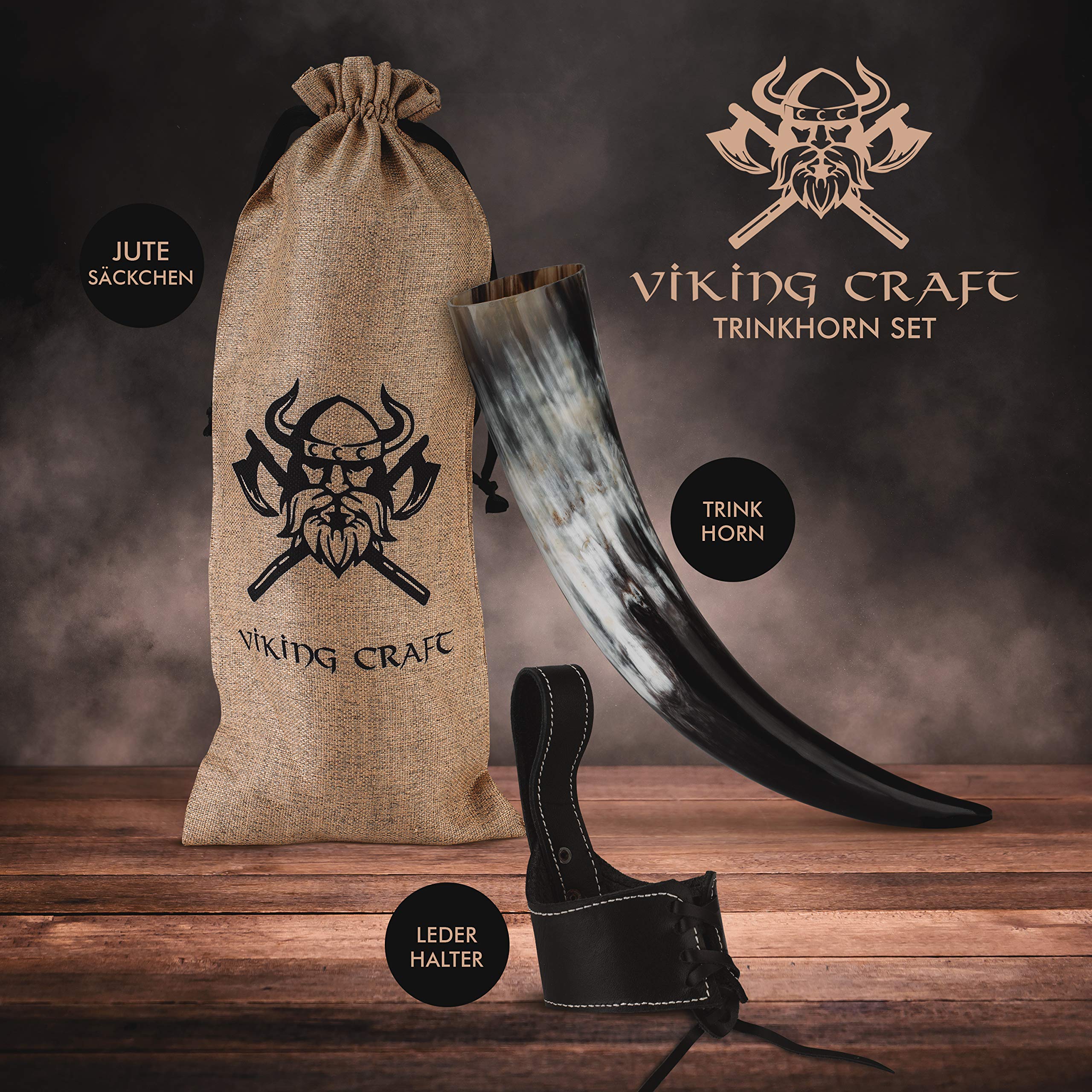VIKING CRAFT Trinkhorn Viking ca.450ml Authentisches 3-teiliges Hornset für Wikinger mit Honigwein mit Gürtelhalter Methorn Wikinger Deko LARP Mittelalter Bierkrug