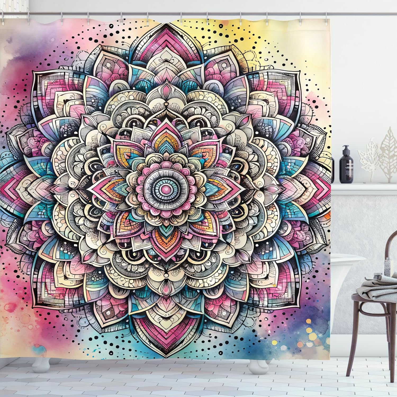 Ambesonne Colorful Shower Curtain, Oriental Dream Blooming Mandala and Gentle Petals on Jumble Fantasy Tones, Cloth Fabric Bathroom Decor Set with Hooks, 69" W x 75" L, Magenta Aqua