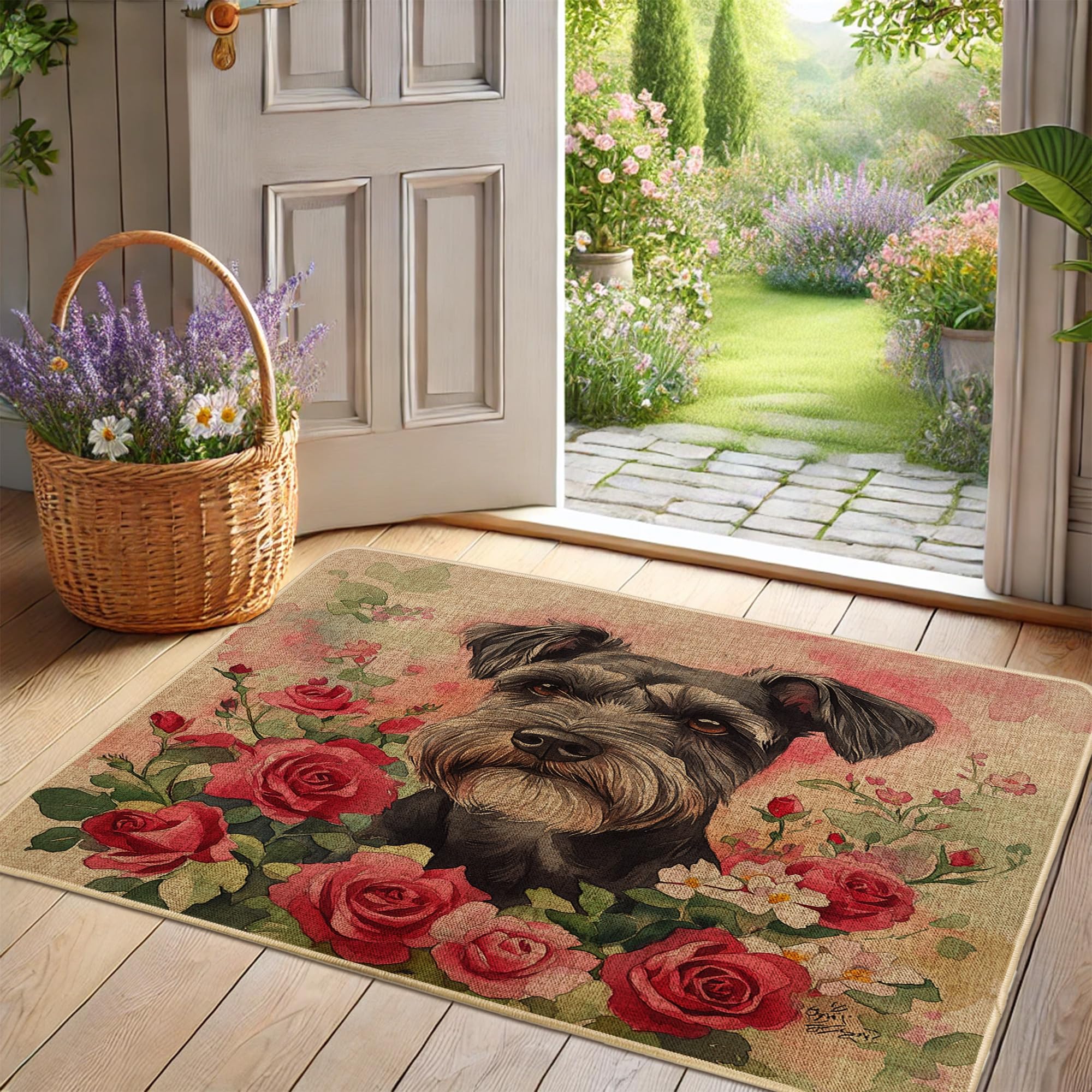 Floral Schnauzer Doormat, Black Dog Design for Outdoor & Indoor Entrance Spring Decor, Rubber Waterproof Non-Slip Dirt Absorbent Mat, Easy Clean 29x17