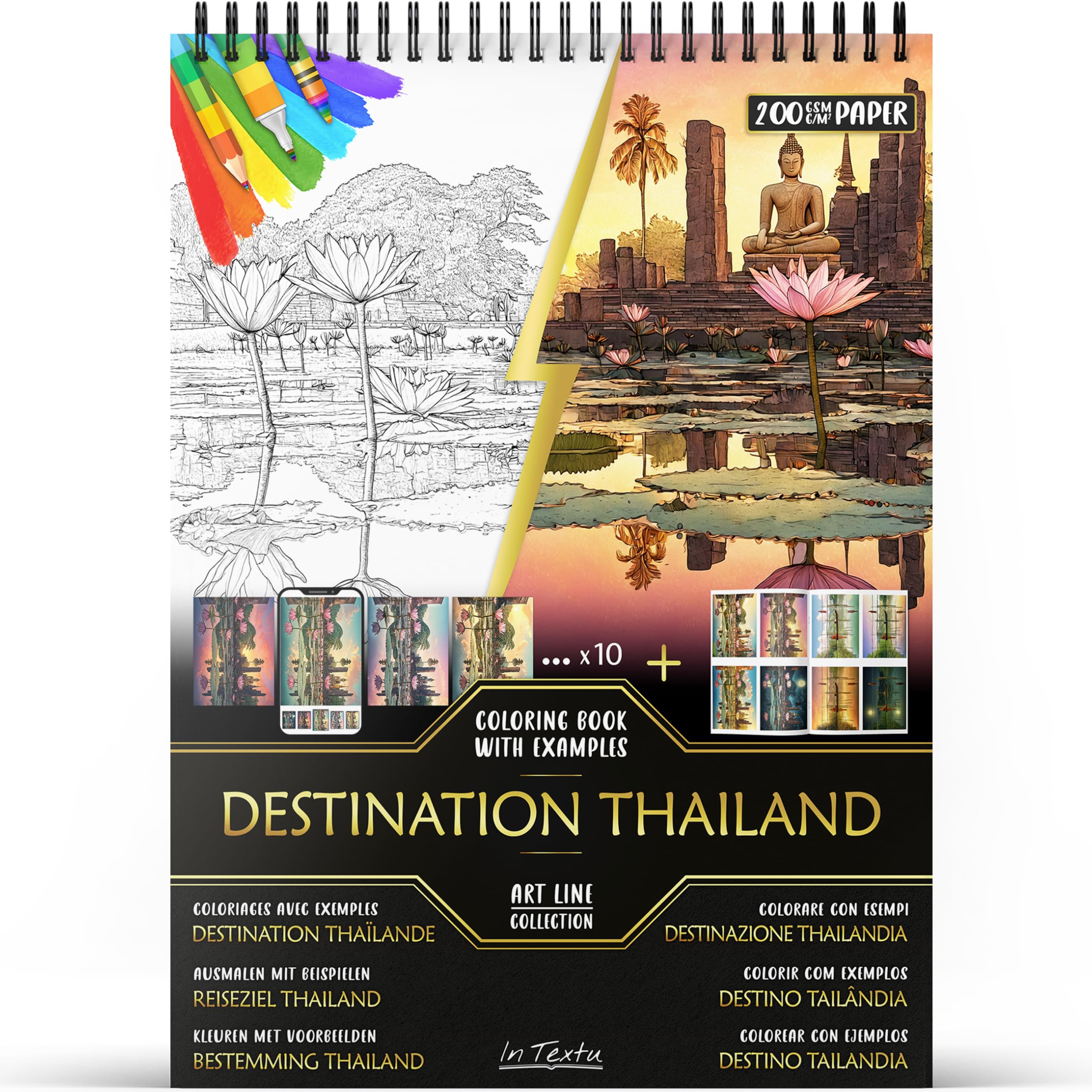In Textu Kolorowanka dla Dorosłych Destination Thailand, Papier 200 g/m² | Oprawa spiralna, A4, jakość premium, 30 rysunków, 300 kolorowych wzorów, do kredek i markerów akrylowych/alkoholowych/wodnych