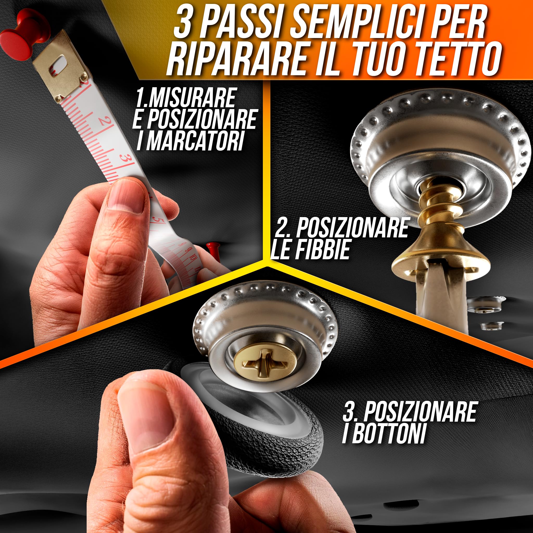 70 Kit Riparazione Cielo Auto Nero - Puntine Fissaggio Rivetti Tetto Auto Scollato Interno - Rimedi Fai da Te Bottoni per Tessuto Cielo Auto Tetto Rivestimento Universale