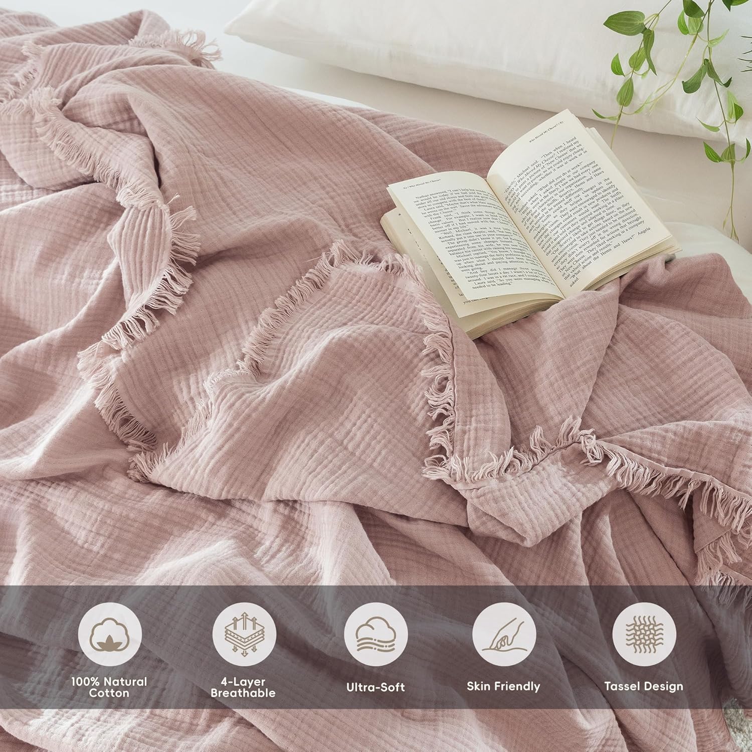 MooMee Muslin Blanket - 100% Cotton 4-Layer Gauze Throw Blanket with Tassels Ultra-Soft Breathable Lightweight Cooling for Bed Couch (Greyish Pink,King 104" x 90") - Image 3