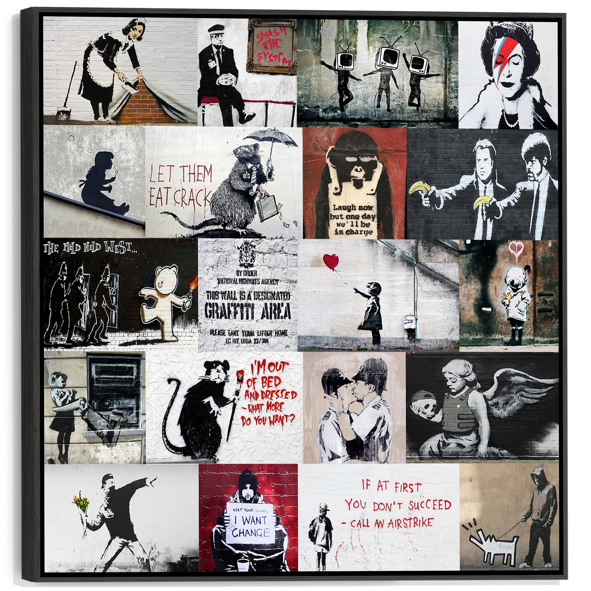 Wallfillers Extra Large Banksy Collage Framed Canvas Wall Art Print - XXL Graffiti Street Art Picture 100cm x 100cm