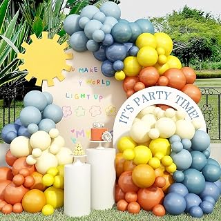 Retro Colorful Balloon Arch, 125 Pcs Retro Mustard Yellow Blue Orange Balloon Garland Kit, Here Comes the Son Baby Shower Decor First Birthday Theme Boho Rainbow Baby Shower Party Decoration for Kids