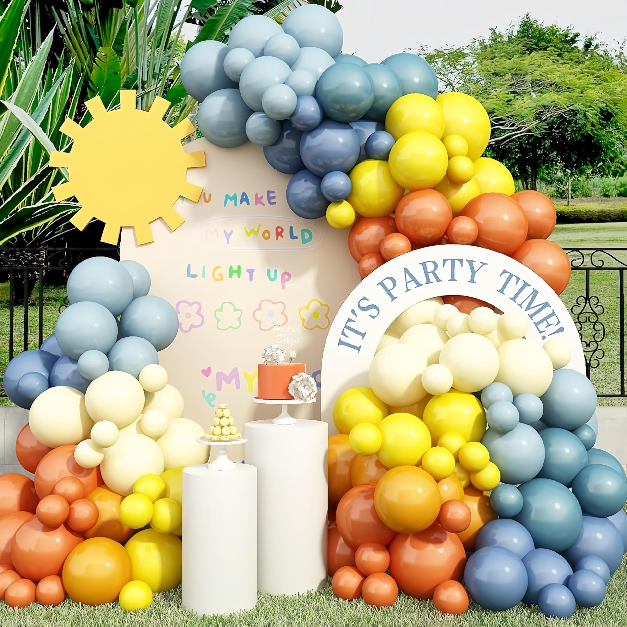 Retro Colorful Balloon Arch, 125 Pcs Retro Mustard Yellow Blue Orange Balloon Garland Kit, Here Comes the Son Baby Shower Decor First Birthday Theme