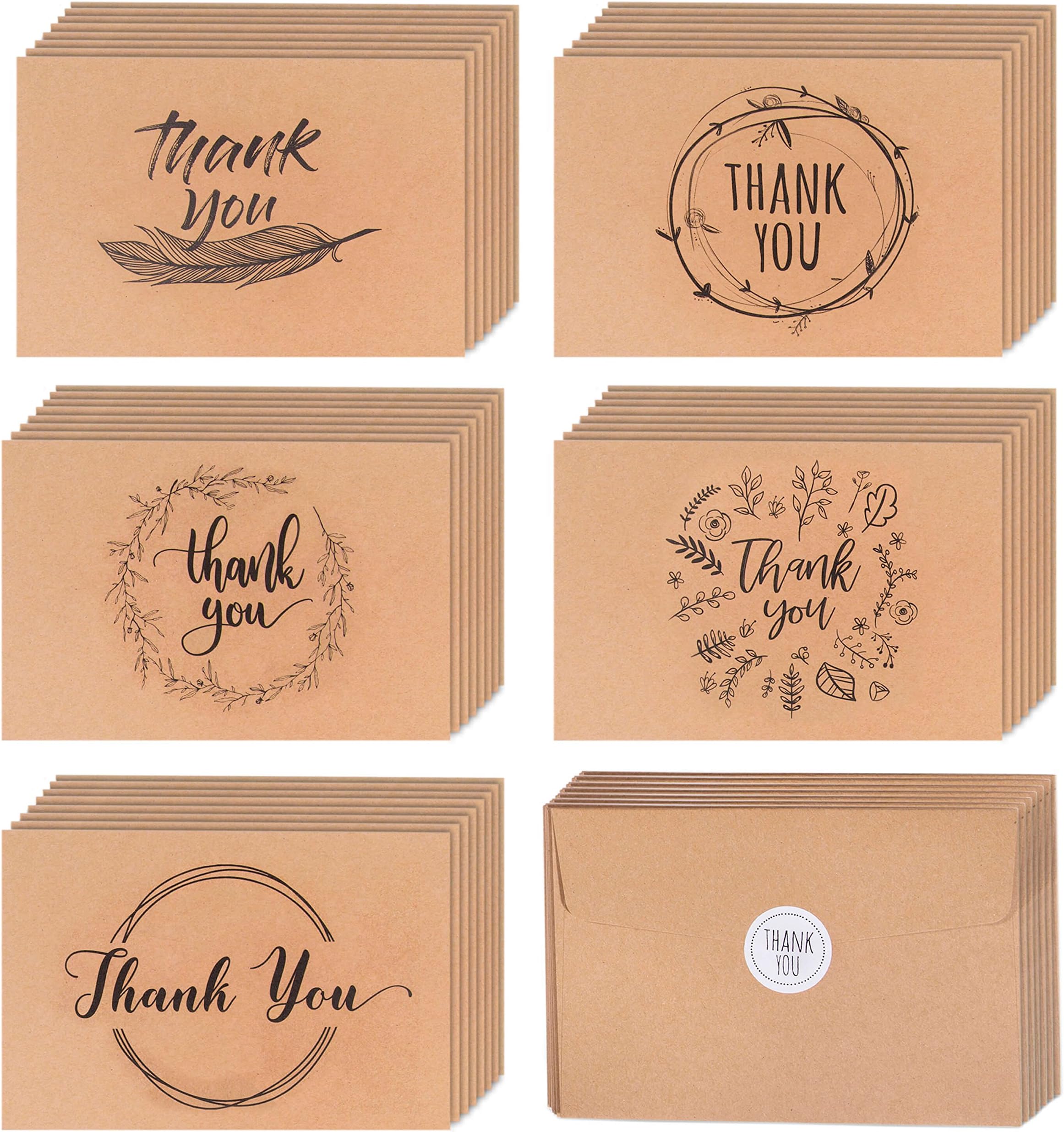 40 Kraft Rustic and Vintage Thank You Cards | Bulk Box Set w/ Envelopes & Stickers | Large Brown 4 x 6" Greeting Cards Blank Inside | For Wedding, Graduation, Men & Women Sympathy