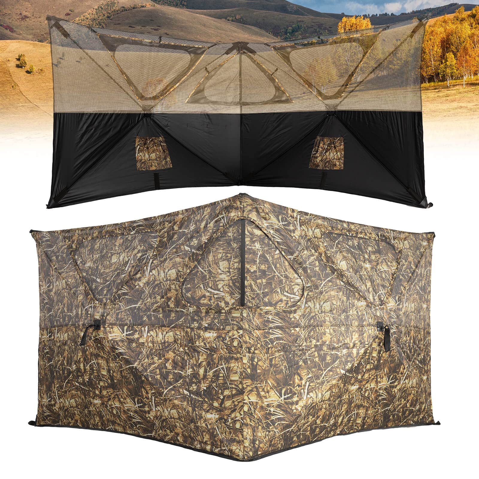 Hunting Blind, 360 See Through Ground Blind, 2-3 Person Pop Up Blind, Portable Durable Hunting Ground Blinds for Deer & Turkey Hunting