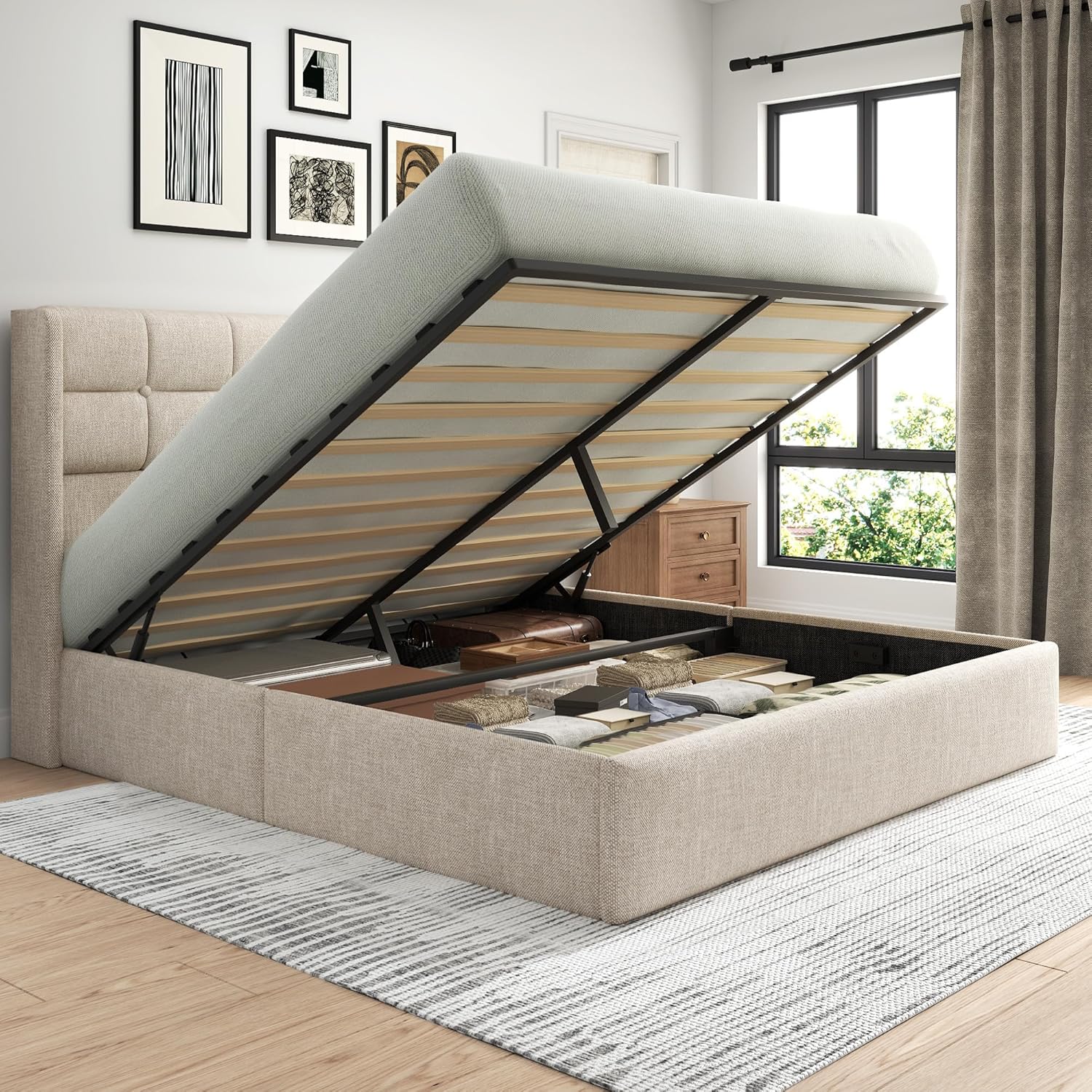 Lifezone Queen Size Lift Up Storage Bed Frame, Linen Upholstered Queen Platform with Button Tufted Wingback Headboard and Under-Bed Storage, Hydraulic Support, No Box Spring Needed, Noise Free, Beige