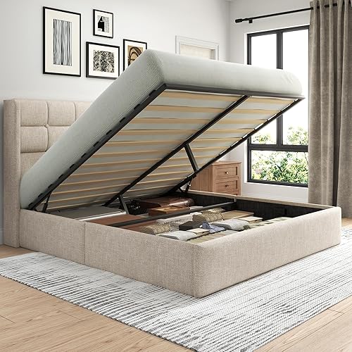 Queen Size Lift Up Storage Bed Frame, Linen Upholstered Queen