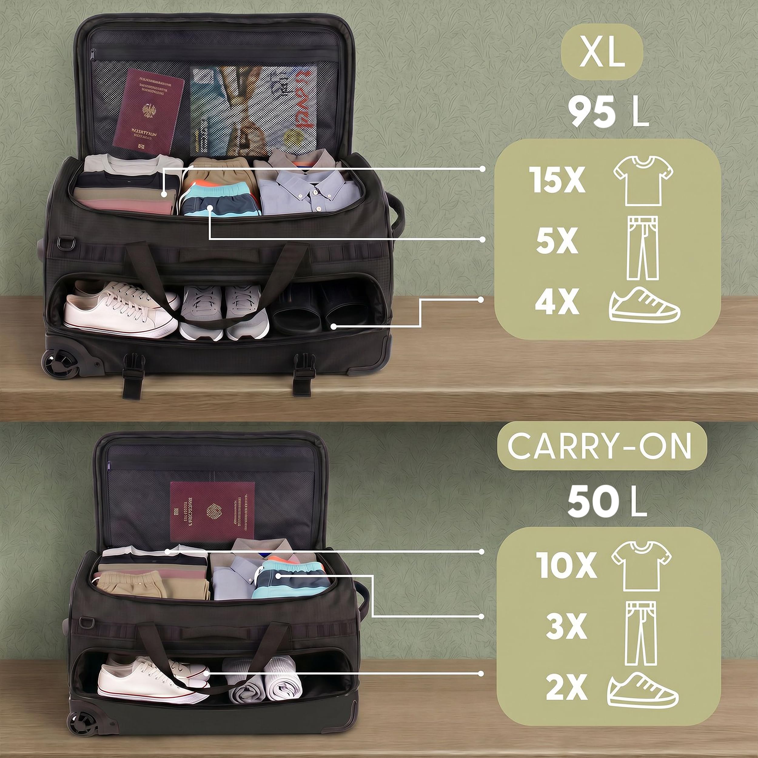 XL Reisetasche mit Rollen 3-in-1 Rucksack und Trolley wasserabweisend | Flow mit Schuhfach und Schutzecken für Herren & Damen | XL Reise-Rucksack aus hochwertigem Ripstop schwarz