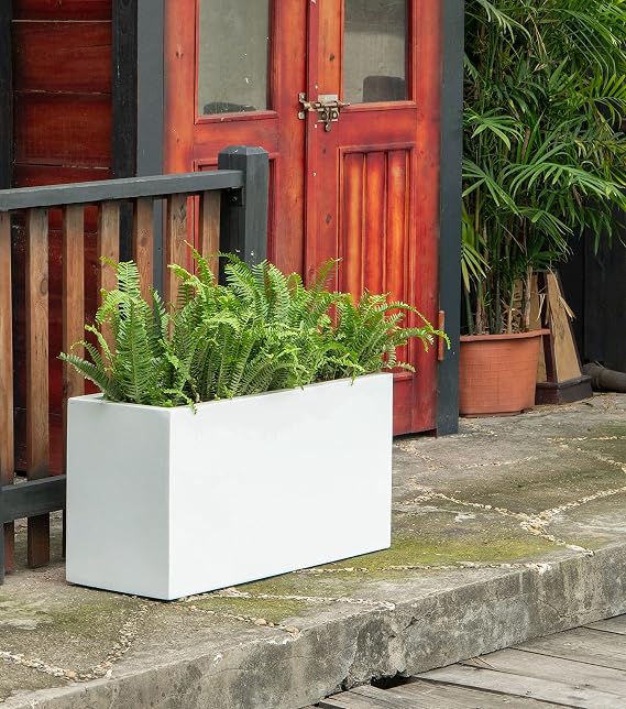 Pottery Pots White Rectangular Fiberstone Planter Box Indoor Outdoor Flower Pot 16H x 12W x 32L - Flower Planters