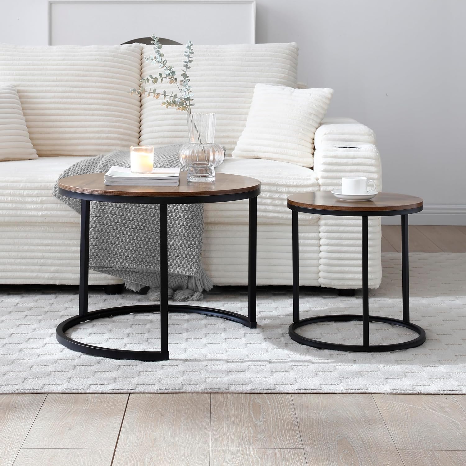 Nesting Coffee Table, Round Coffee Tables with Walnut Top and Black Metal Frame, Coffee Table End Table Side Table Set of 2 for Living Room Bedroom