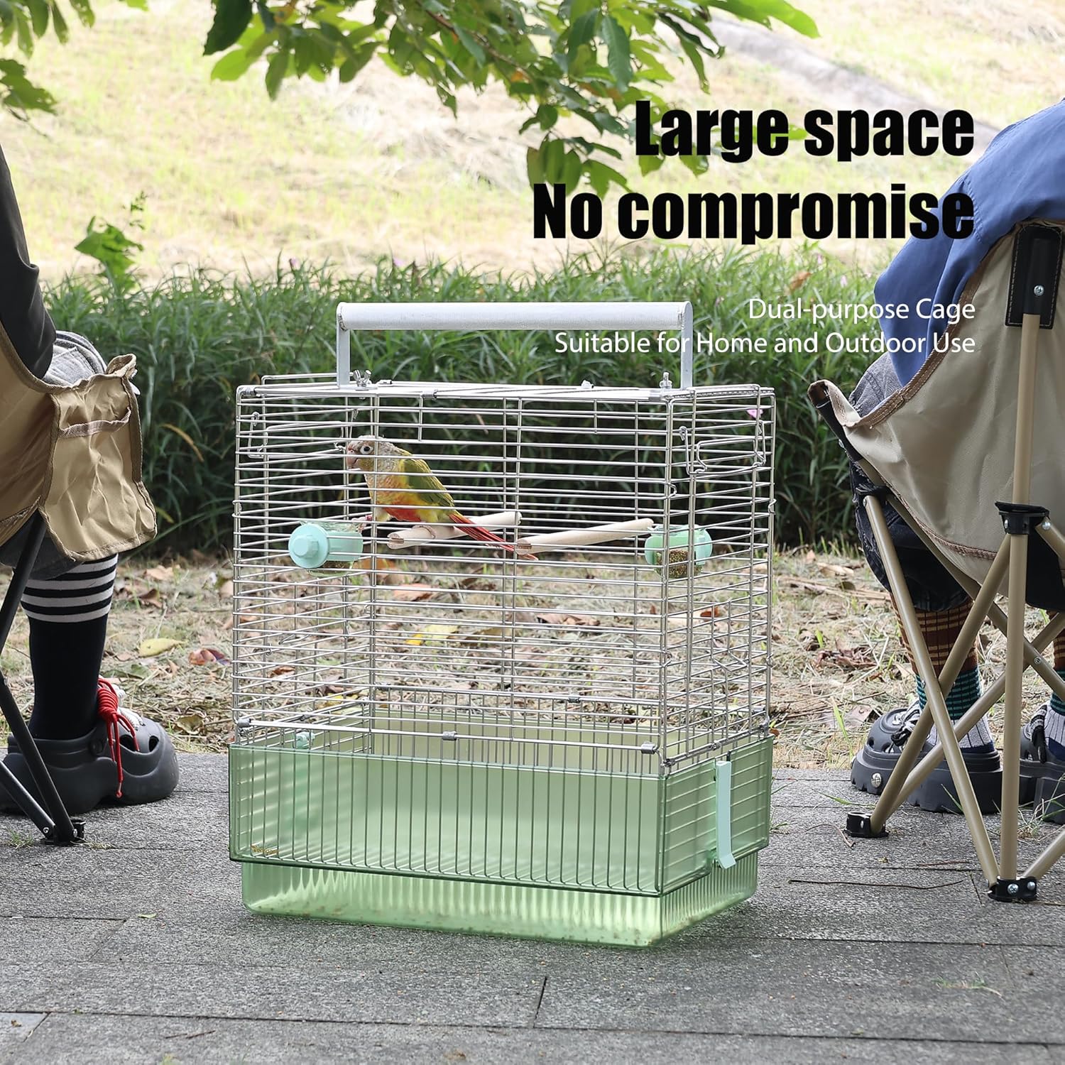 304 Stainless Steel Travel Bird Cage, 17 Inch Foldable Carrier for Conures Cockatiels Grey Parrots Caiques, with Aluminum Handle Perch (Green, Large Birdcage)