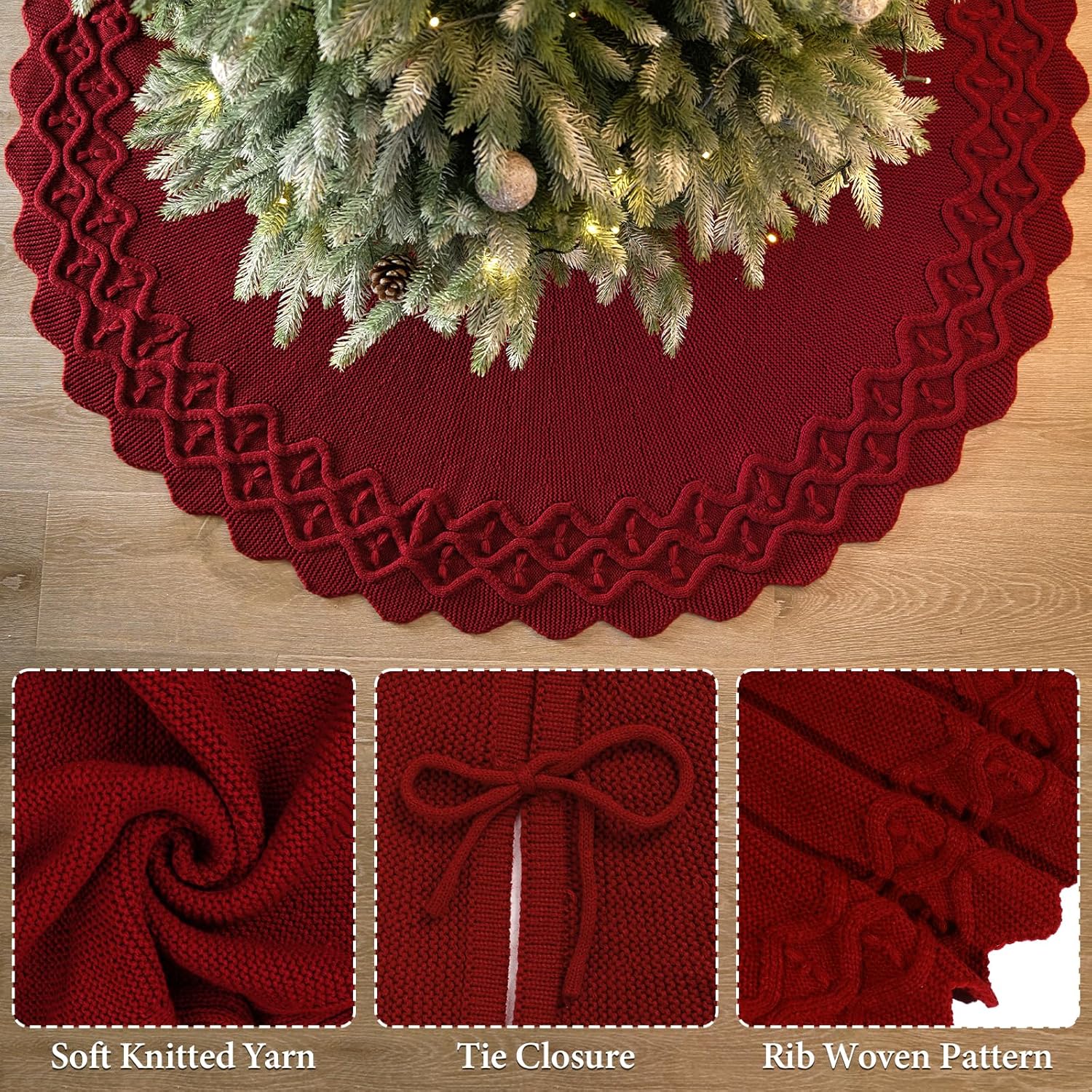KHOYIME Red Knitted Christmas Tree Skirt 36 Inches Rustic Vintage Large Xmas Tree Mat, Chunky Thick Knit Boho Under Tree Rug Skirt Farmhouse Decorations for Indoor Holiday New Year Home Party Decor
