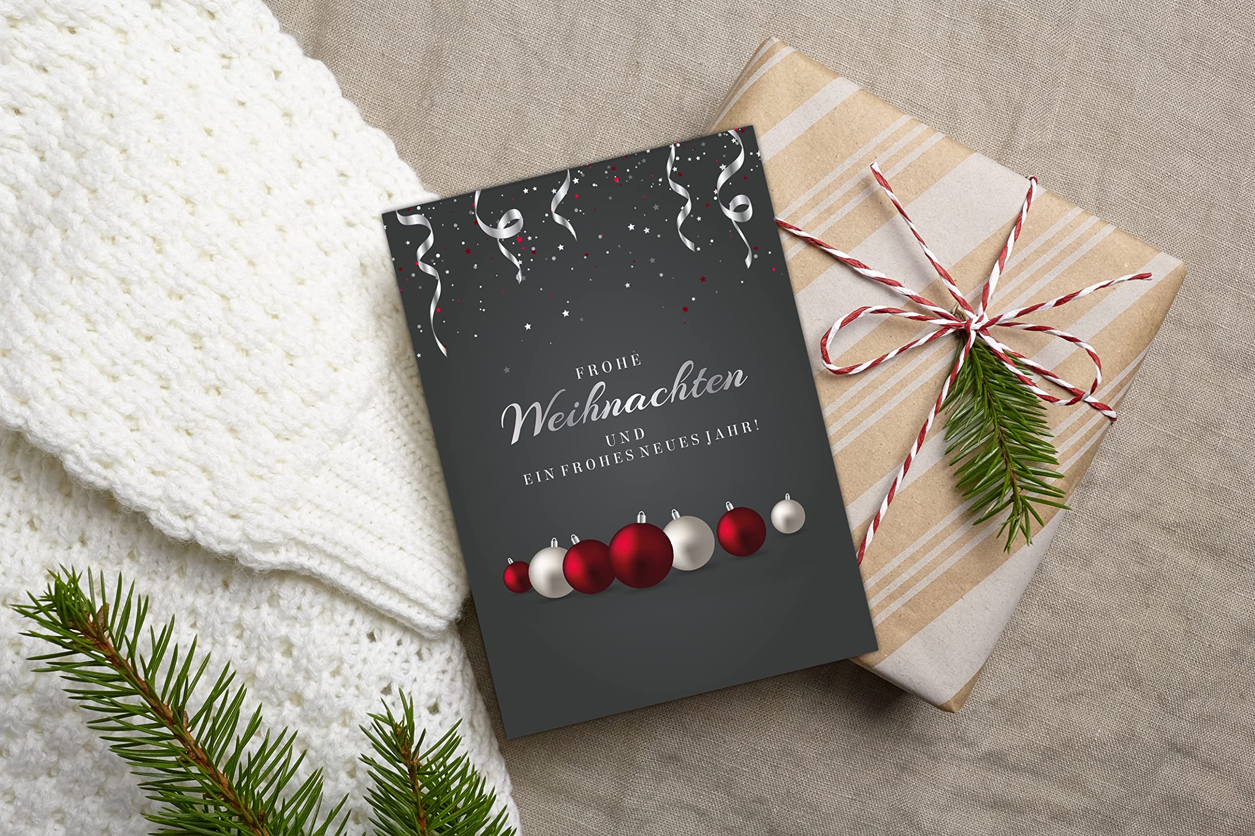 Set of 12 Christmas Cards Folding Cards Square with Envelopes Card Cards Envelopes Shiny Merry Christmas Xmas Grey Red Black Ball Gift Christmas Greetings - Image 3