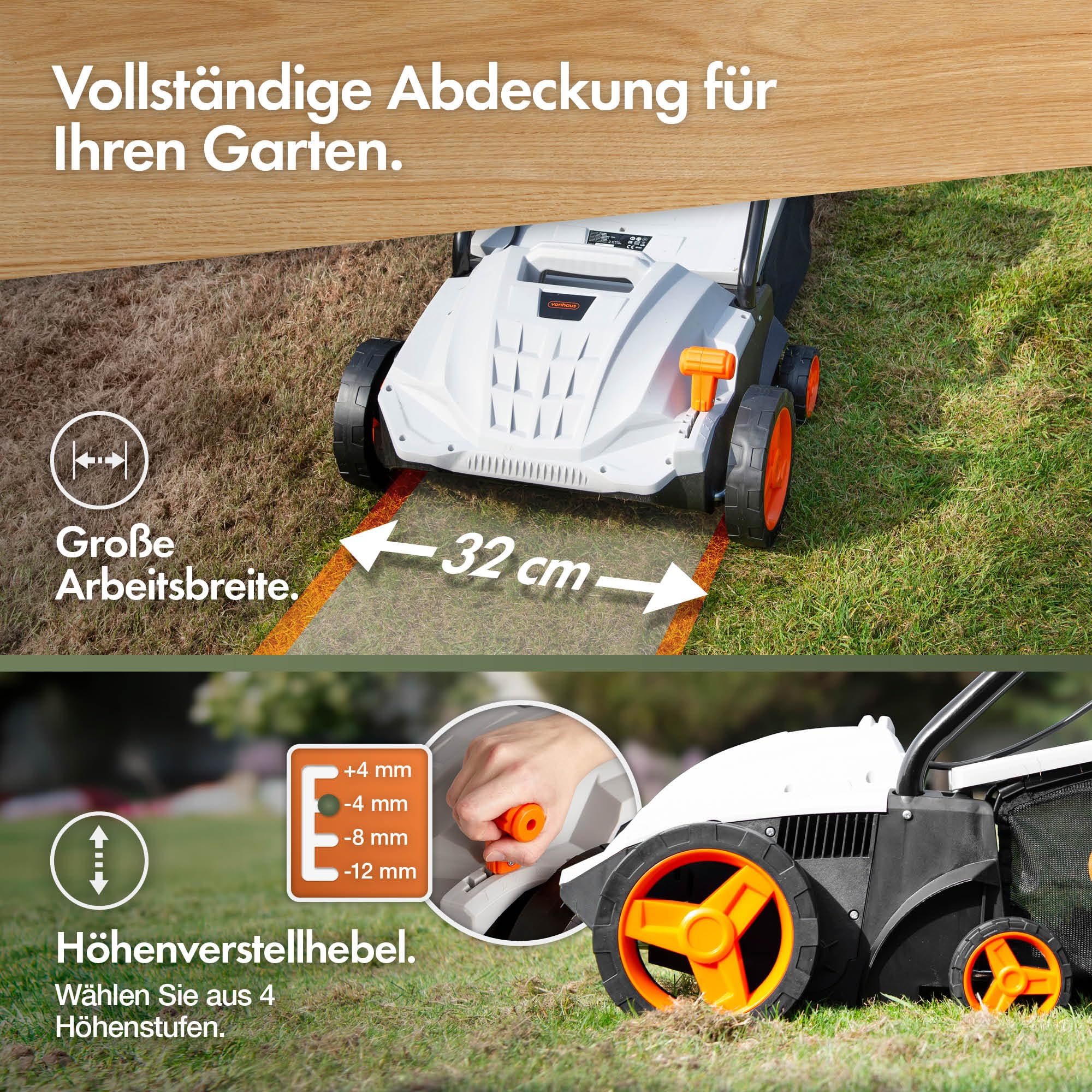 VonHaus Rasen-Vertikutierer/Aerator/Rechen Elektrisch 1500W, Zum Vertikutieren Und Rechen Von Rasen, Entfernt Filz, Moos Und Laub, Belüftet Den Boden, 30L Fangkorb, 4 Schnitthöhen, 32cm Arbeitsbreite