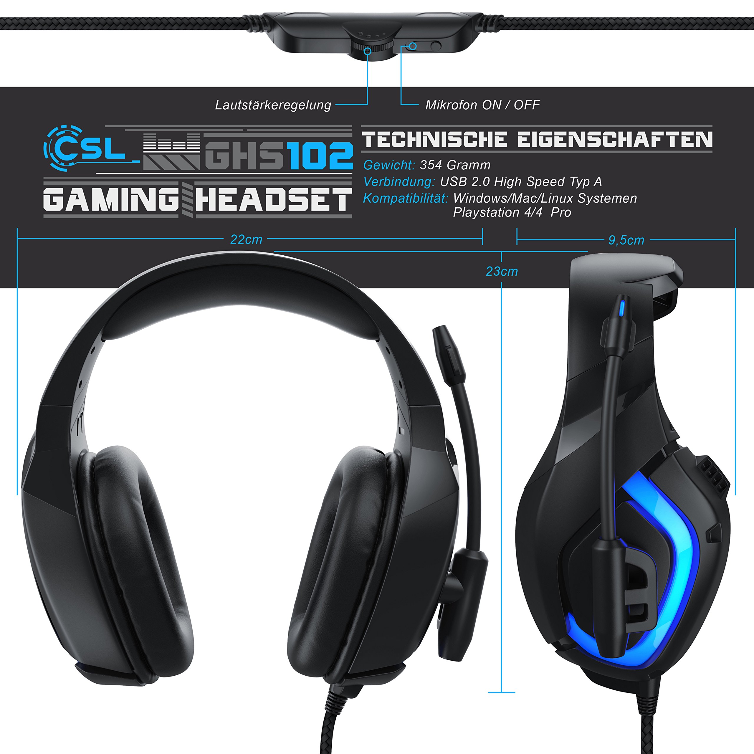 CSL - USB Gaming PC Headset mit Mikrofon - Kabelfernbedienung Externe Soundkarte - Mikrofon flexibel einklappbar - für Gaming Musik Internet-Telefonie - LED-Beleuchtung - für PC Mac