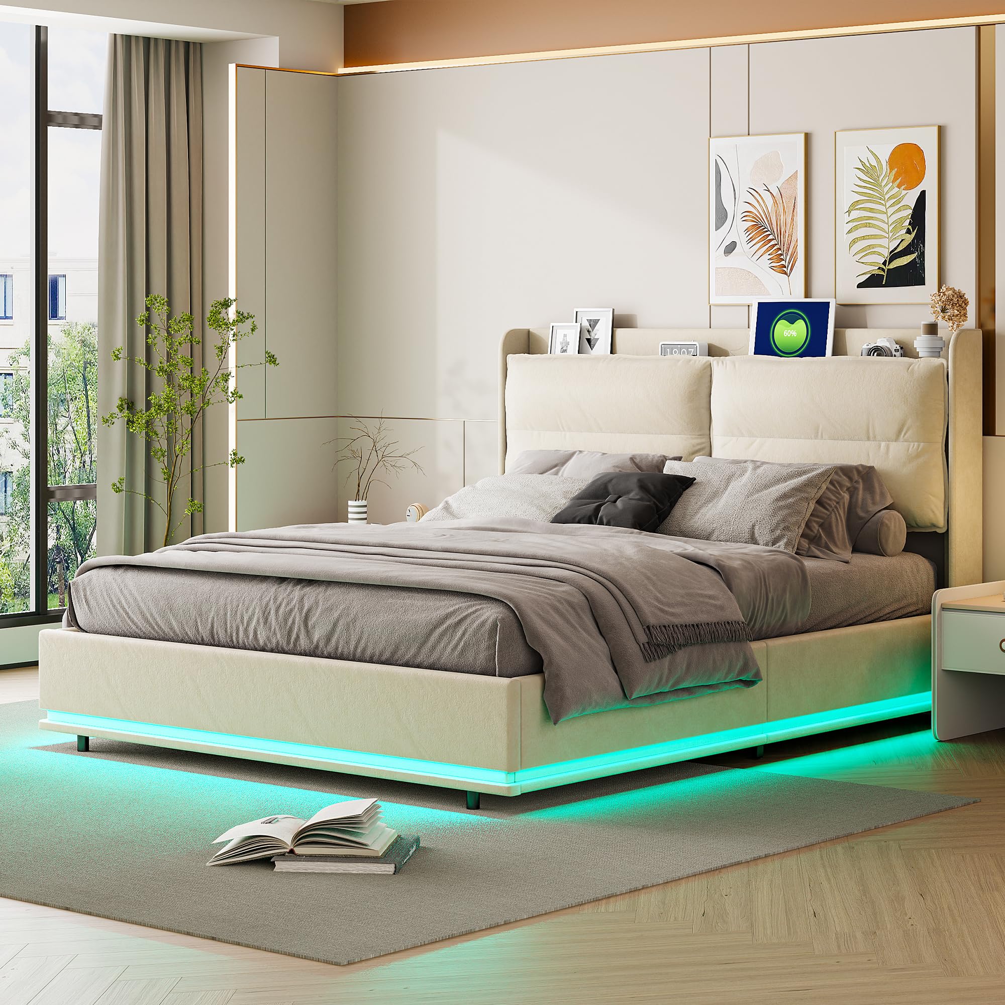 Cama tapizada de 160 x 200 cm, cama de almacenamiento con somier de listones de madera, cama con espacio de almacenamiento y cabecero, iluminación LED, almacenamiento de palanca neumática, función de