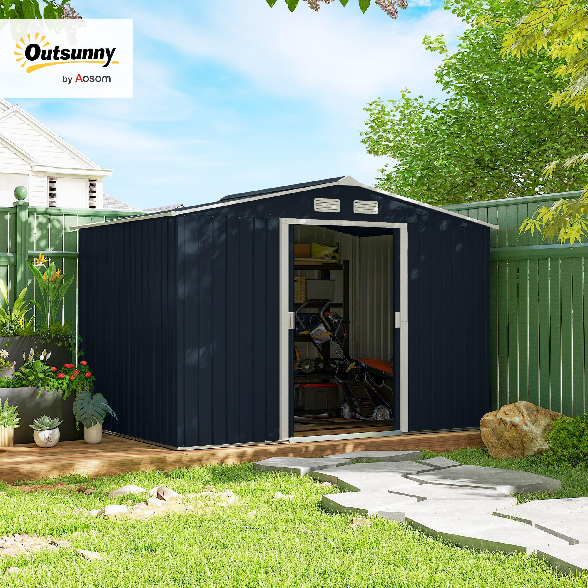 Outsunny 9' x 6' Garden Storage Shed with Foundation Kit, Metal Tool Storage House with Double Doors for Outdoor Patio Yard, Dark Grey — view 2