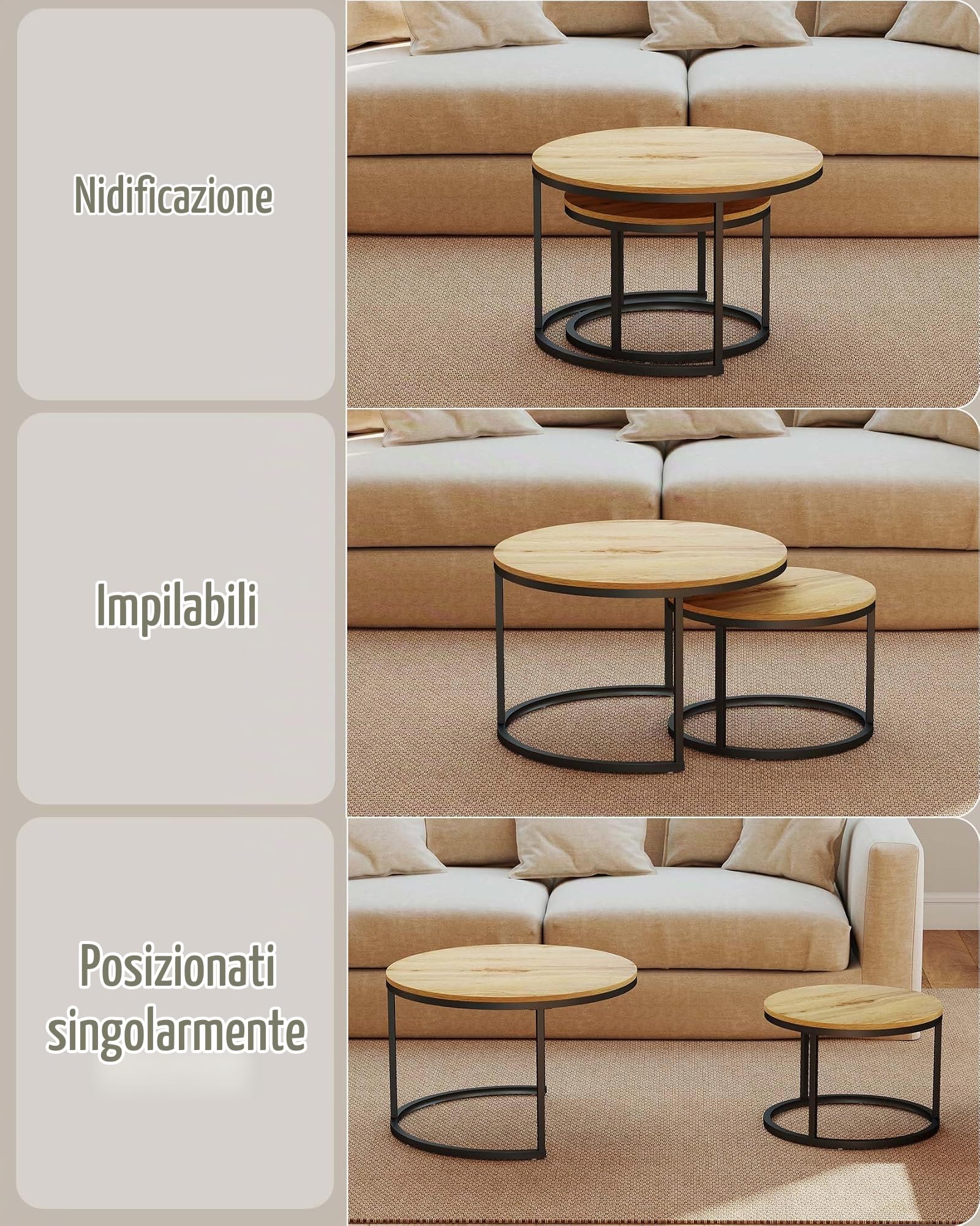 Set di 2 Tavolini da Salotto Legno Rotondi, Tavolino Basso da Caffè ad Incastro 70+50cm, Tavolini d'Appoggio Salvaspazio Stile Industriale in Legno e Metallo Nero per Soggiorno