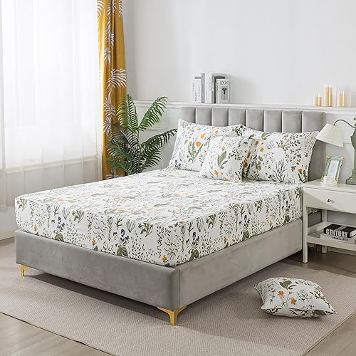Miniatura 7 de FADFAY Sábanas 100% de algodón egipcio, estampado botánico de flores amarillas y hojas, ropa de cama de granja transpirable, juego de sábanas de 4