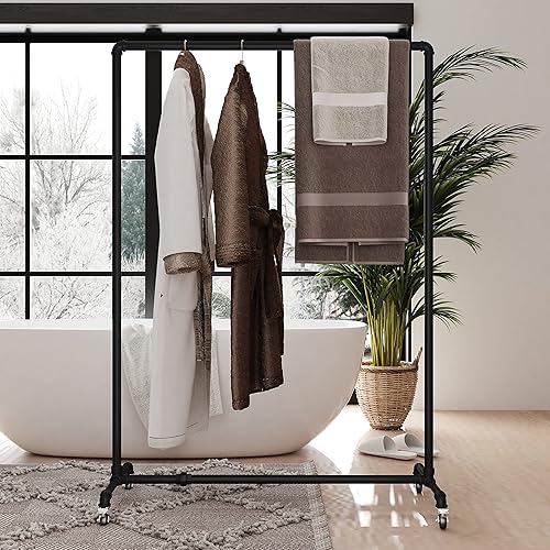 Miniatura 3 de HOMEKAYT Estante de ropa de tubería industrial sobre ruedas Estantes de ropa de servicio pesado Estante rústico para el hogar, estante de exhibición