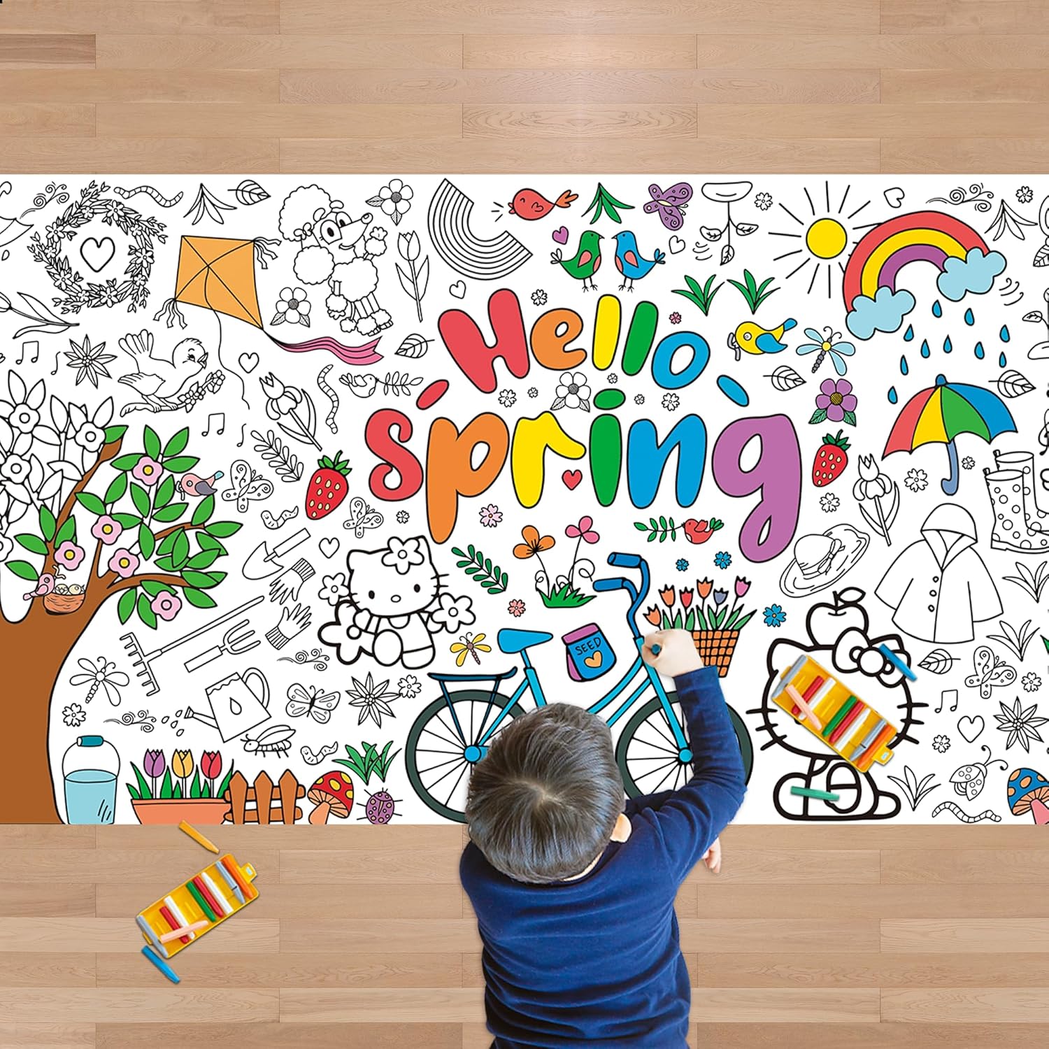 JXSDWANG Spring Giant Coloring Tablecloth,Spring Crafts for Kids - 72x30 Inches, Paper Coloring Banner Games Activities Gifts Party Decorations