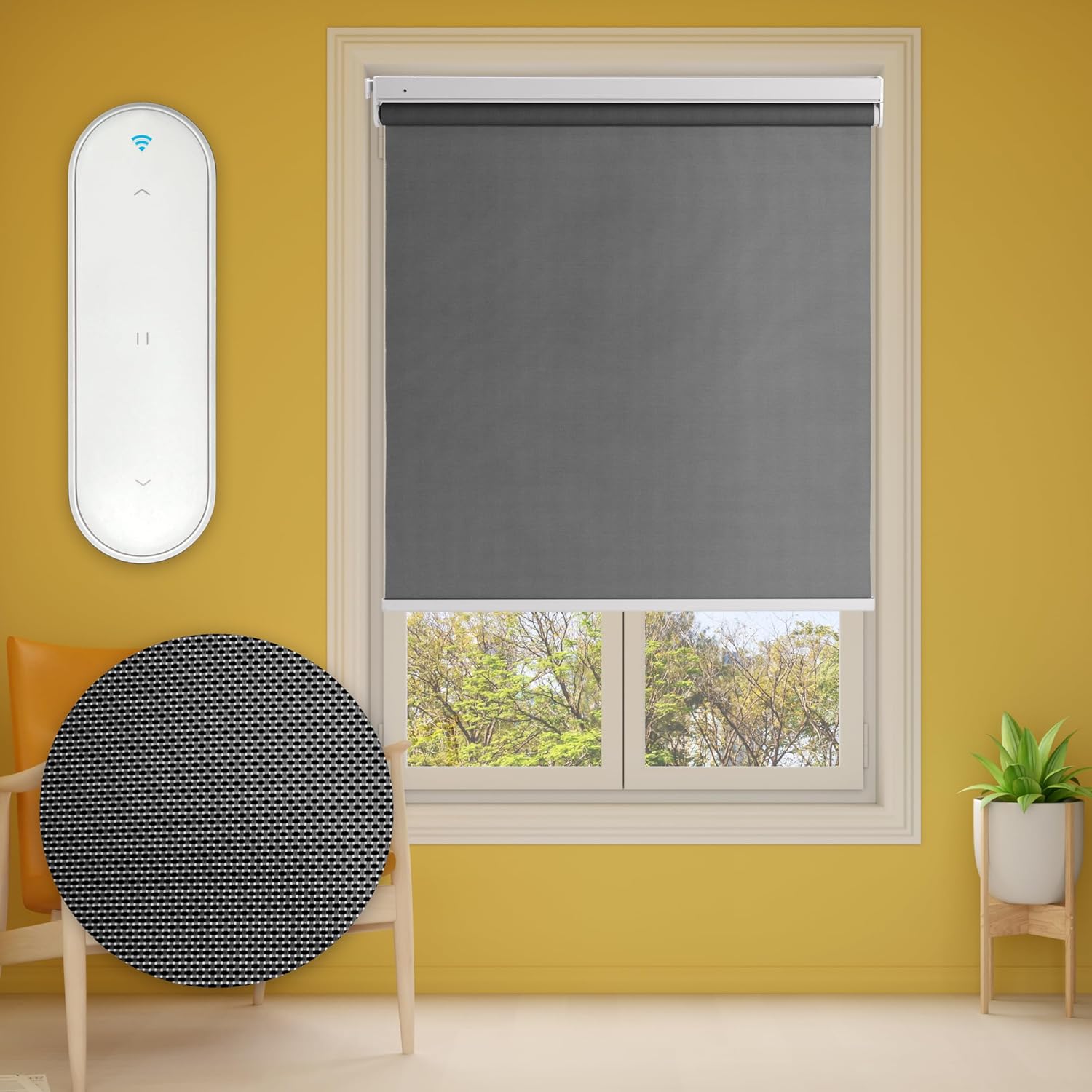 Motorized Roller Blinds Shade, 100% Blackout Free Stop Window ShadesBlackout Smart Roller Shades, Cordless Rechargeable Automatic Blinds for Home Office (Black, 35 x 72)