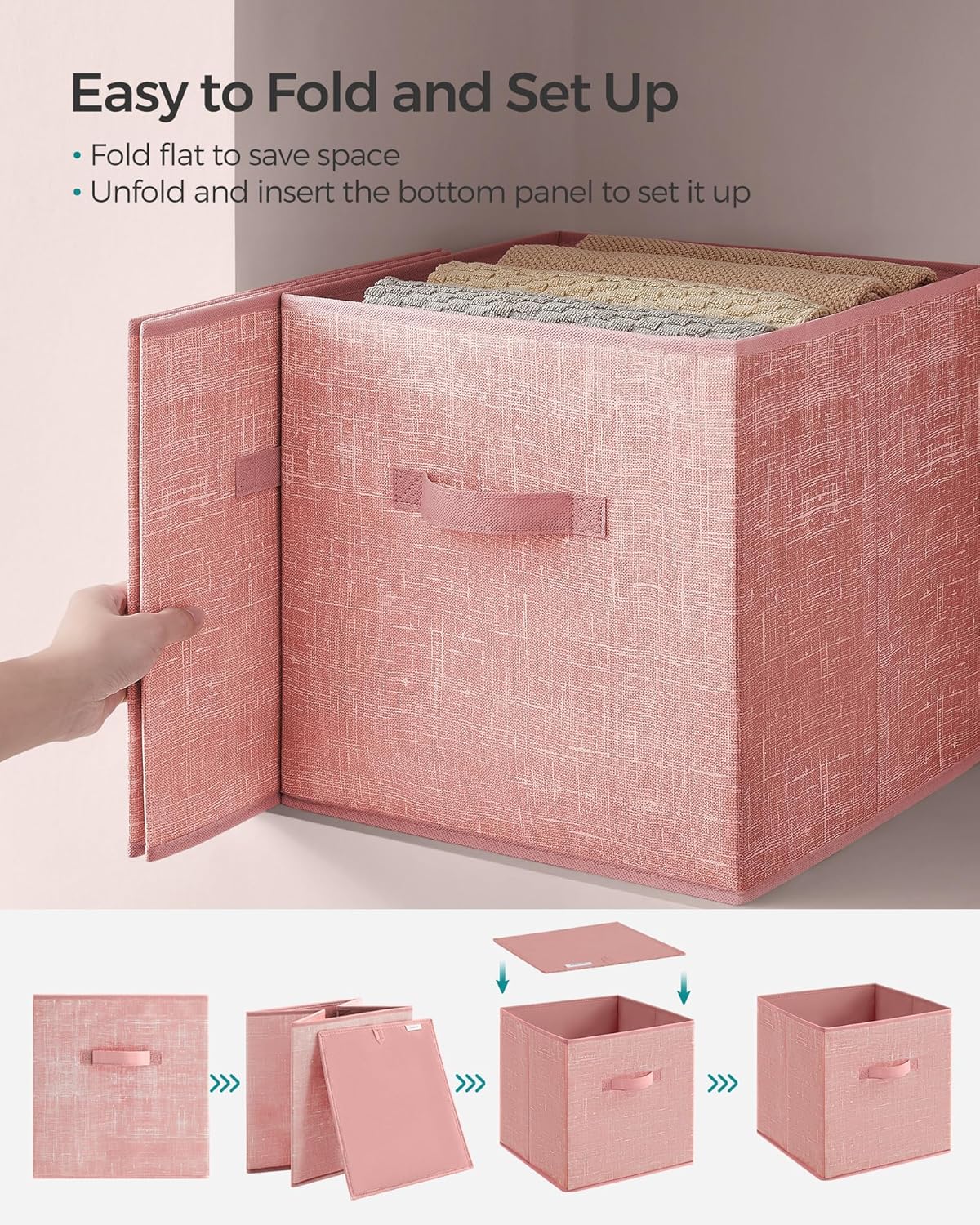 SONGMICS Storage Cubes, 13 x 13 x 13 Inches Non-Woven Fabric Bins with Double Handles, Set of 8, Closet Organizers for Shelves, Foldable, for Clothes, Jelly Pink UROB833R01