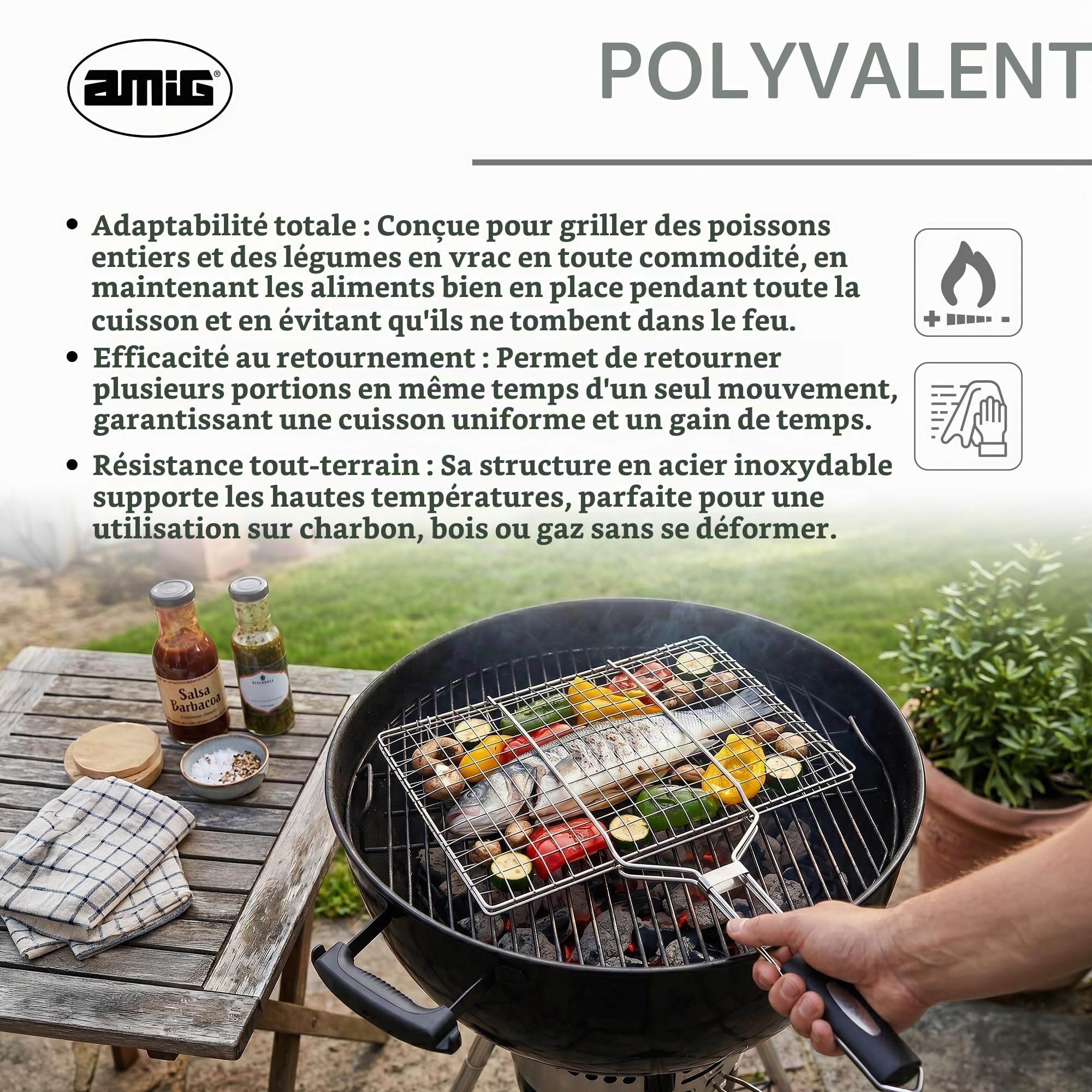 Amig - Grille Double pour Barbecue - 50 x 32 cm - Acier Inoxydable - Grille BBQ pour Viande et légumes - Mod. AM34