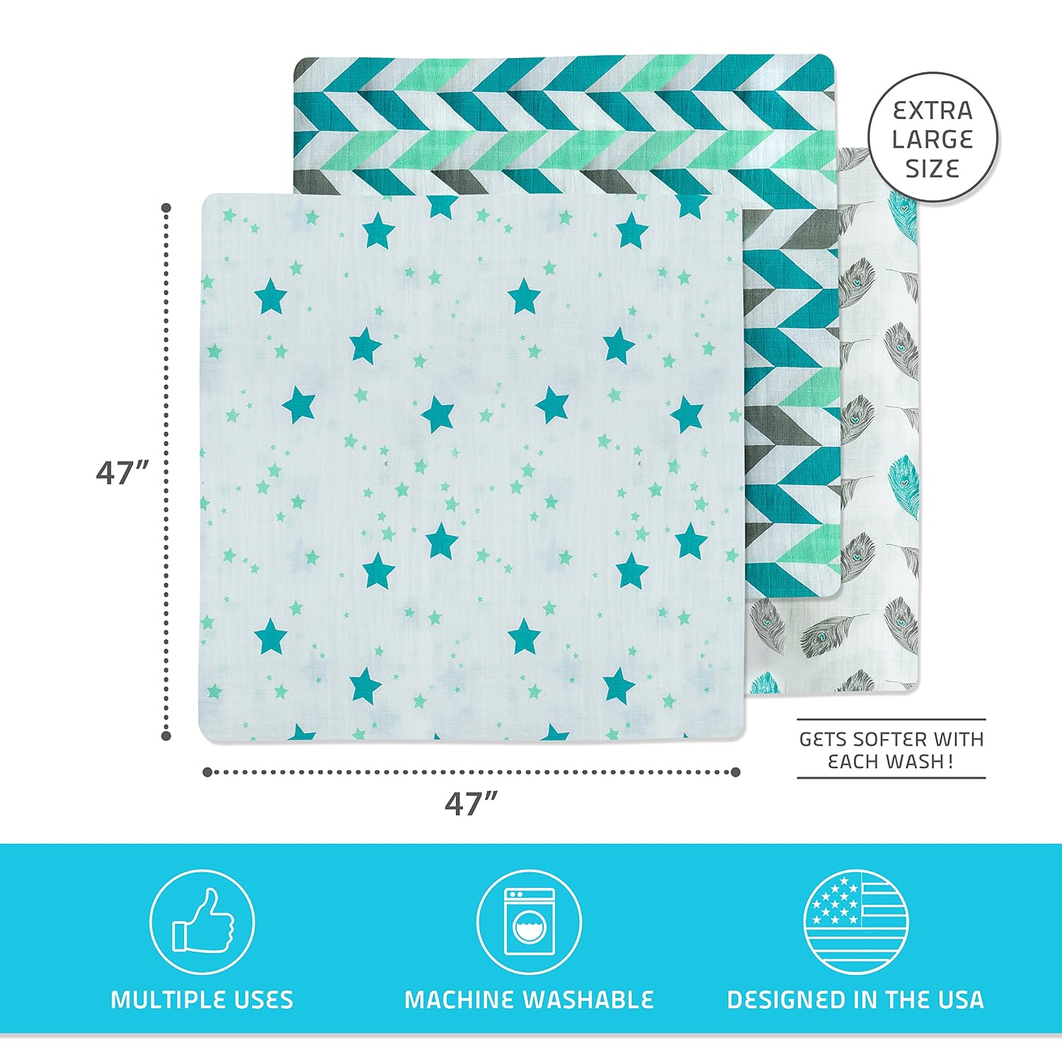 Kadut Kids™ Soft Midnight Magic Blue 3 Pack Muslin 100% Cotton Warm & Cozy Baby Blanket, Swaddle Blankets, Receiving Blanket, Burp Cloths Large 47x47 Inches - for Boy Girl, Infant Newbor