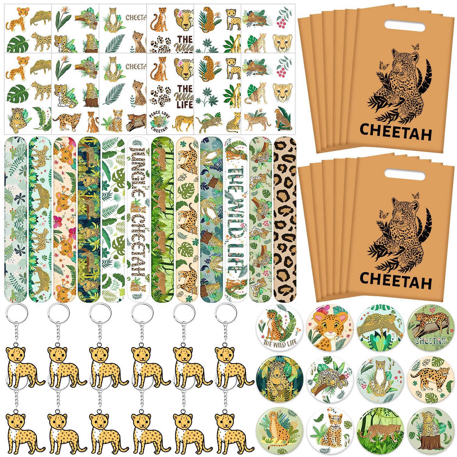 Lcnjscgo Cheetah Party Favors Cheetah Theme Slap Bracelets Key Chains Badge Temporary Tattoos Gift Bags for Kids Jungle Leopard Cheetah Birthday Party