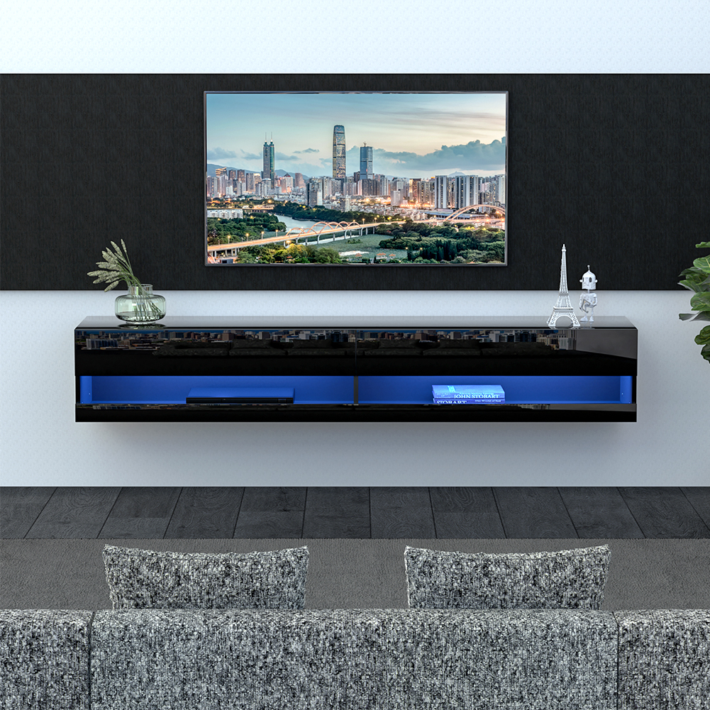 AUXSOUL Floating TV Stand with RGB LED Light 71 Inch High Glossy Wall
