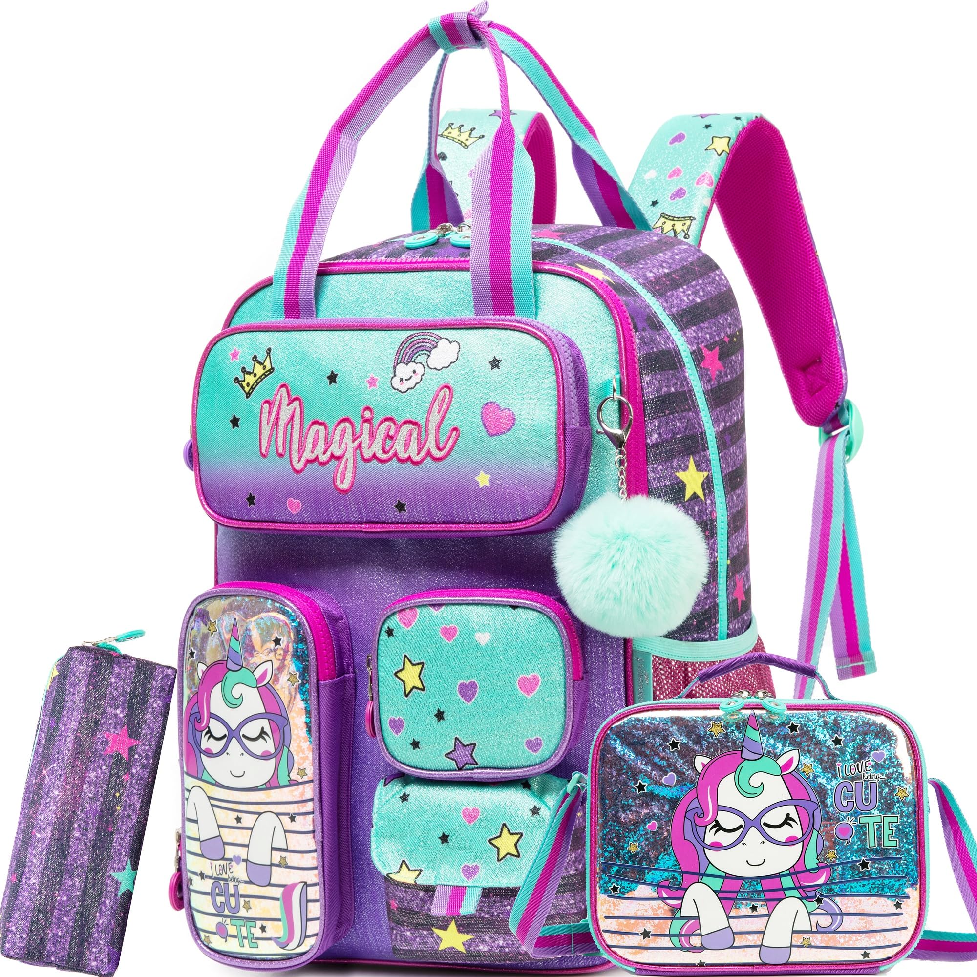 MYHSBYO Unicorn Backpacks for Girls School Backpack with Lunch Bag for Elmentary Students Kids Travel Bookbag for Girls Age 6-12