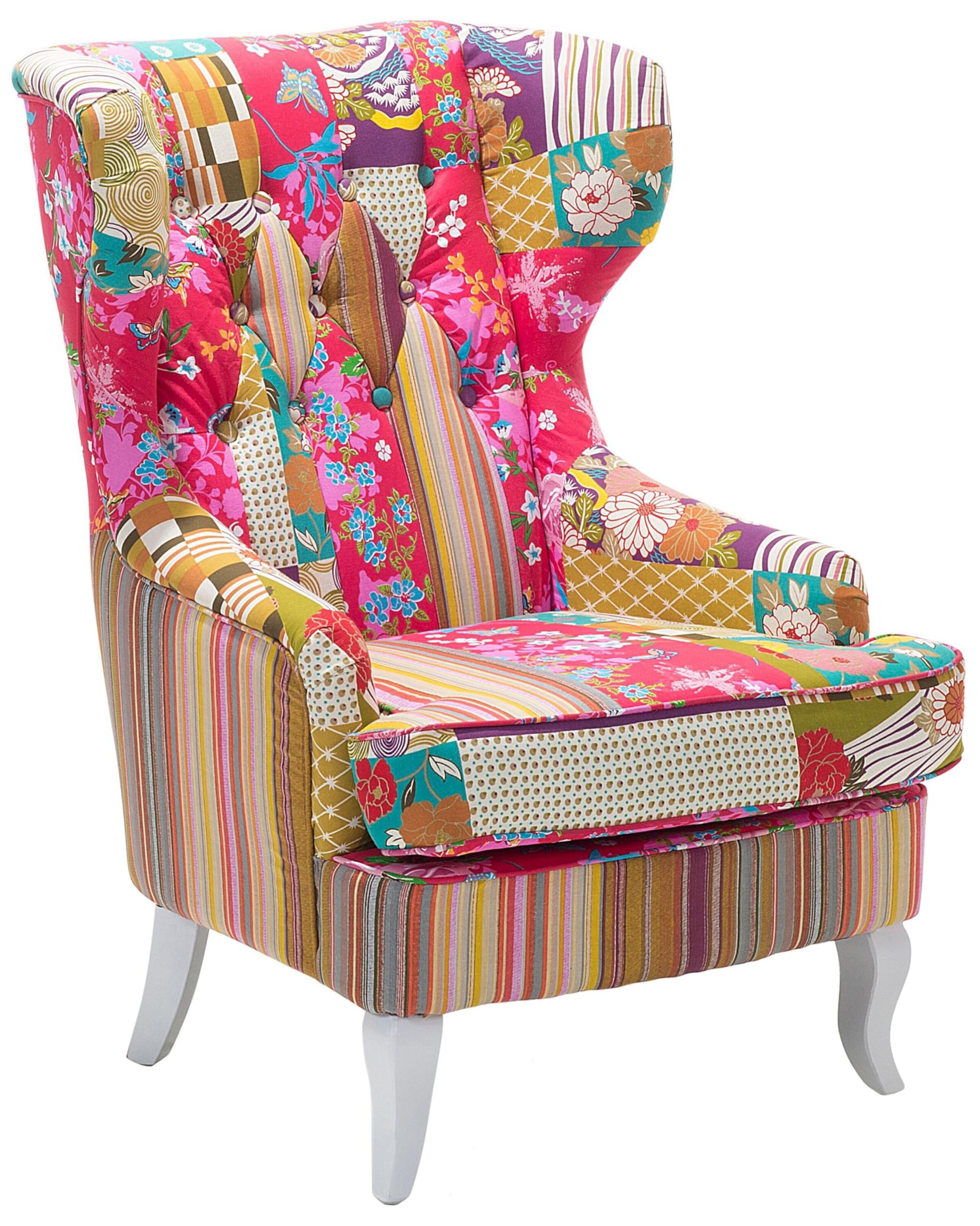Beliani Sillón orejero tapizado en Tela Multicolor Patchwork Acolchado con Botones Patas de Madera Molde
