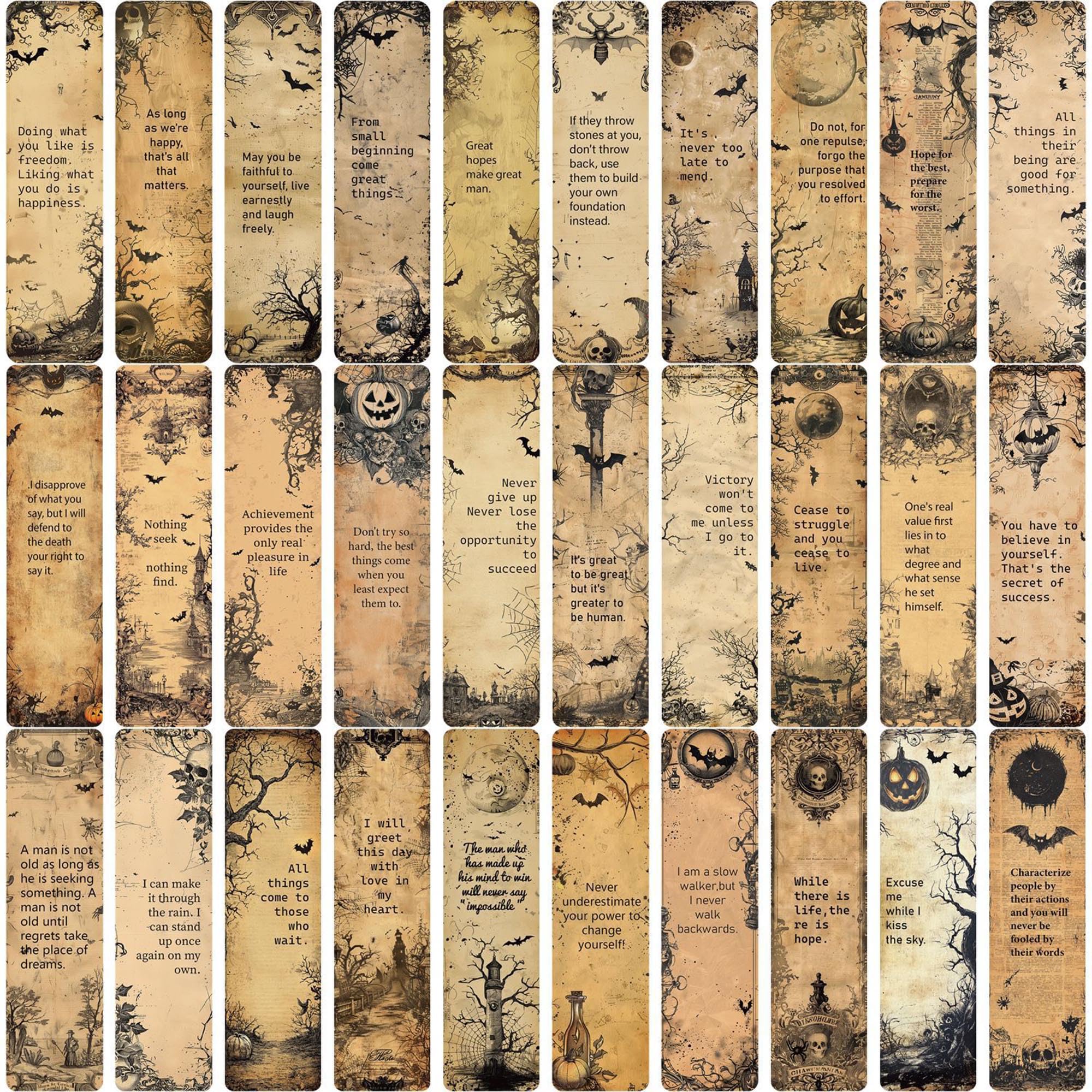 Marcapáginas Góticos Frases Inspiradoras Pack 30 Vintage Halloween 15x4 cm Dark Academia Papel Decorativo Libros