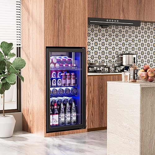 Miniatura 5 de Manastin Refrigerador de bebidas, refrigerador independiente para 120 latas con puerta de vidrio, estantes ajustables y pantalla digital de