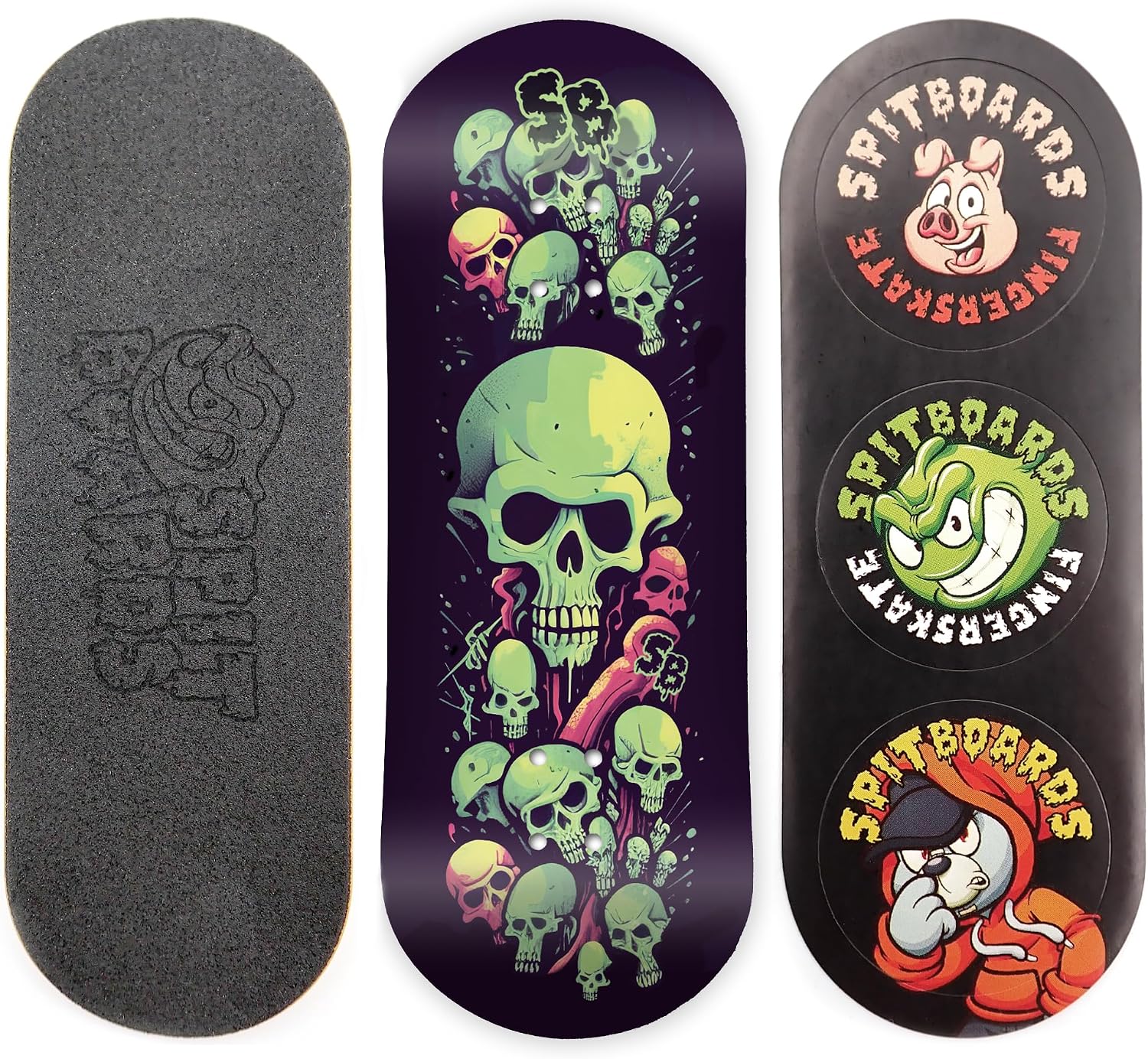 SPITBOARDS® 34mm Fingerboard Deck - Real Wood (5-Layers) Classic Popsicle Street Shape - Size: 34 x 96 mm - Single Graphic Deck (Real Wear) - Optimized Concave - Lime Green Skull