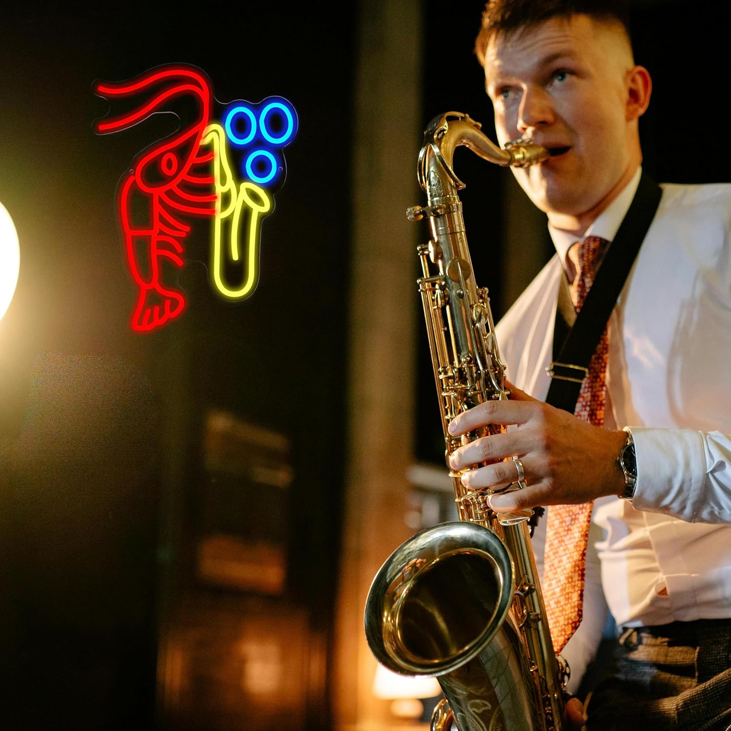Lobster Saxophone Neon Sign for Wall Decor Jazz Music Neon Light Sign Vintage Jazz Shrimp LED Light Sign for Classroom Office Party Bedroom Man Cave Decor