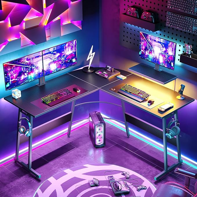 Bestier LED Gaming Desk Carbon Fiber Black L Shaped