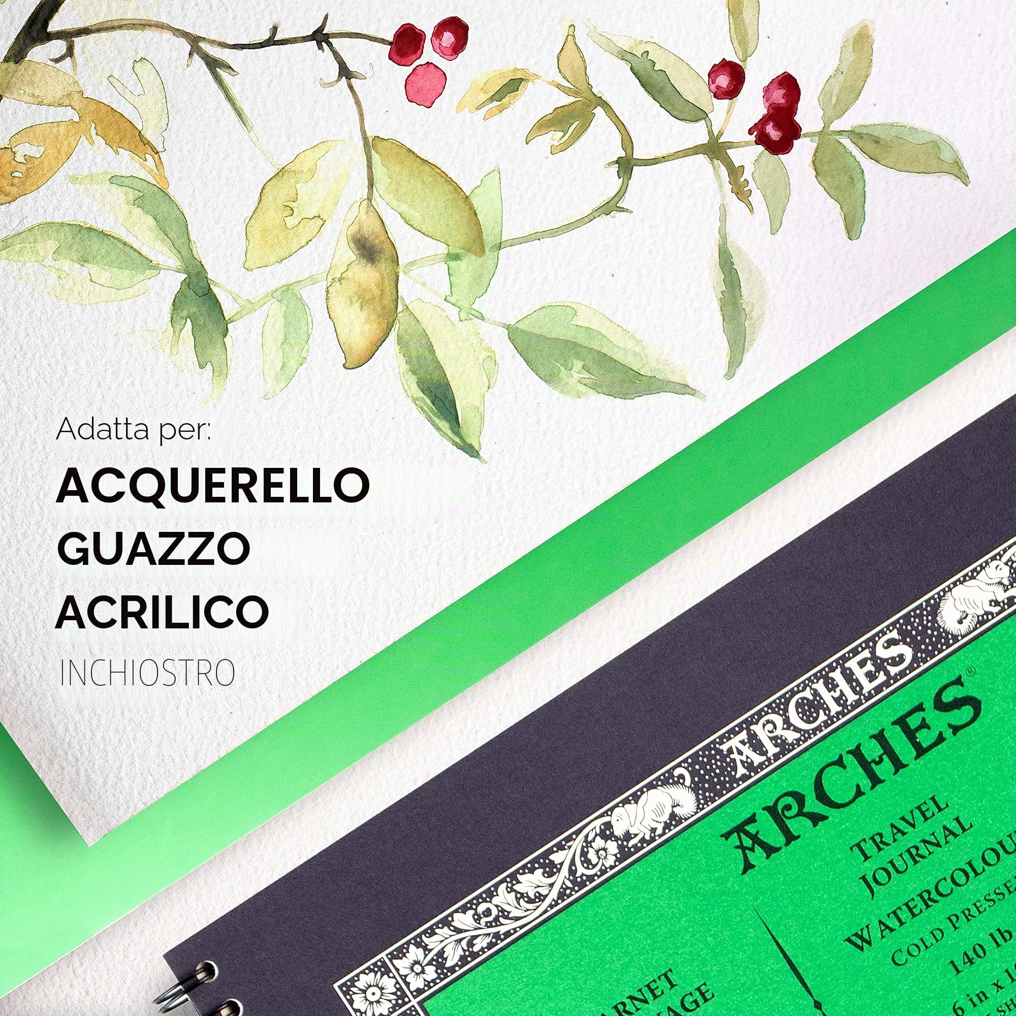 Arches Diario di Viaggio per Acquerelli - 15,2 x 25,4 cm, Bianco Naturale, 100% Cotone - 15 Fogli di Carta 63,5 kg Stampa a Freddo - Per Guazzo