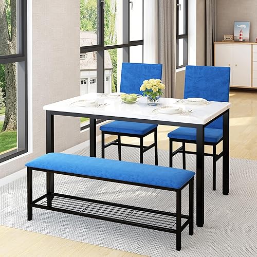 HUGROVE Juego de mesa de comedor de 4 piezas para 4, mesa de cocina de 47.24 pulgadas con banco y sillas tapizados de terciopelo, juego de mesa de