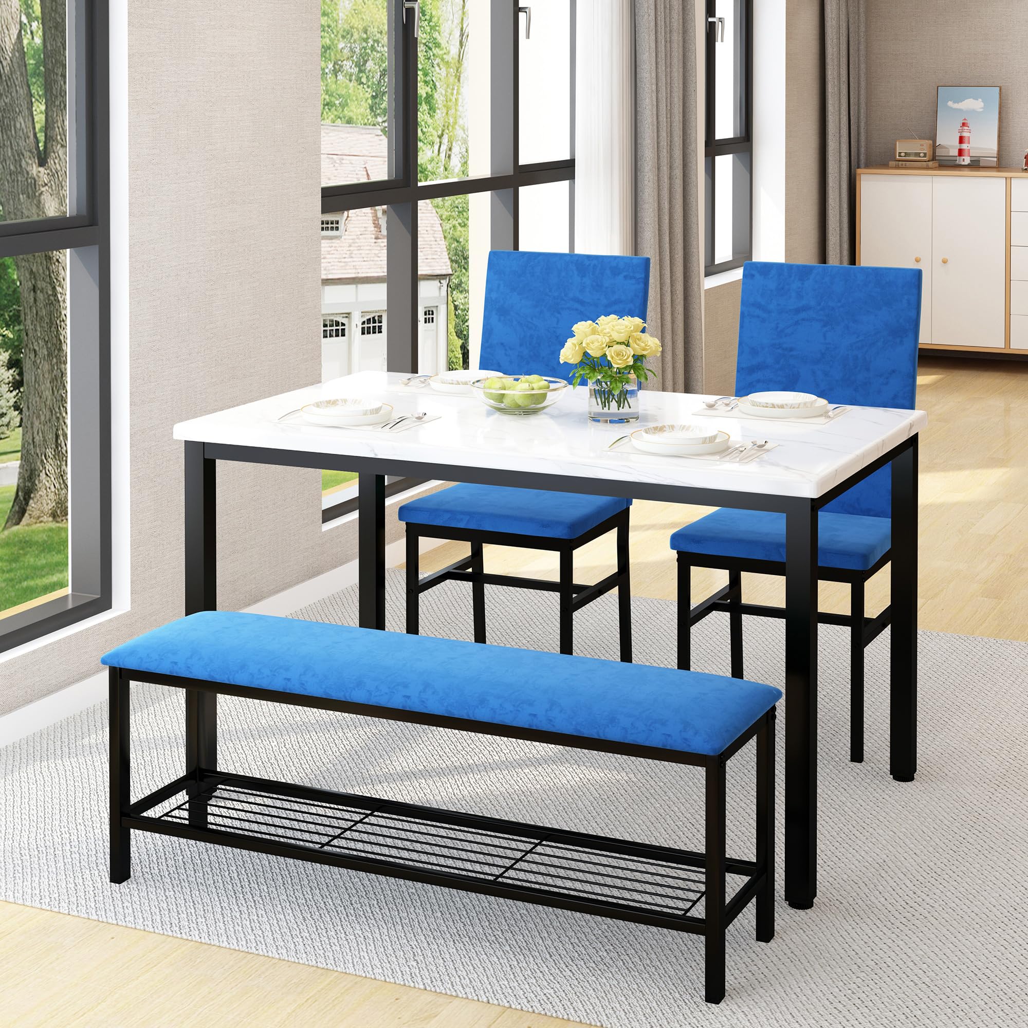 HUGROVE 4-Piece Dining Table Set for 4, 47.24-Inch Kitchen Table with Upholstered Velvet Bench & Chairs, Space-Saving Modern Faux Marble Dining Room